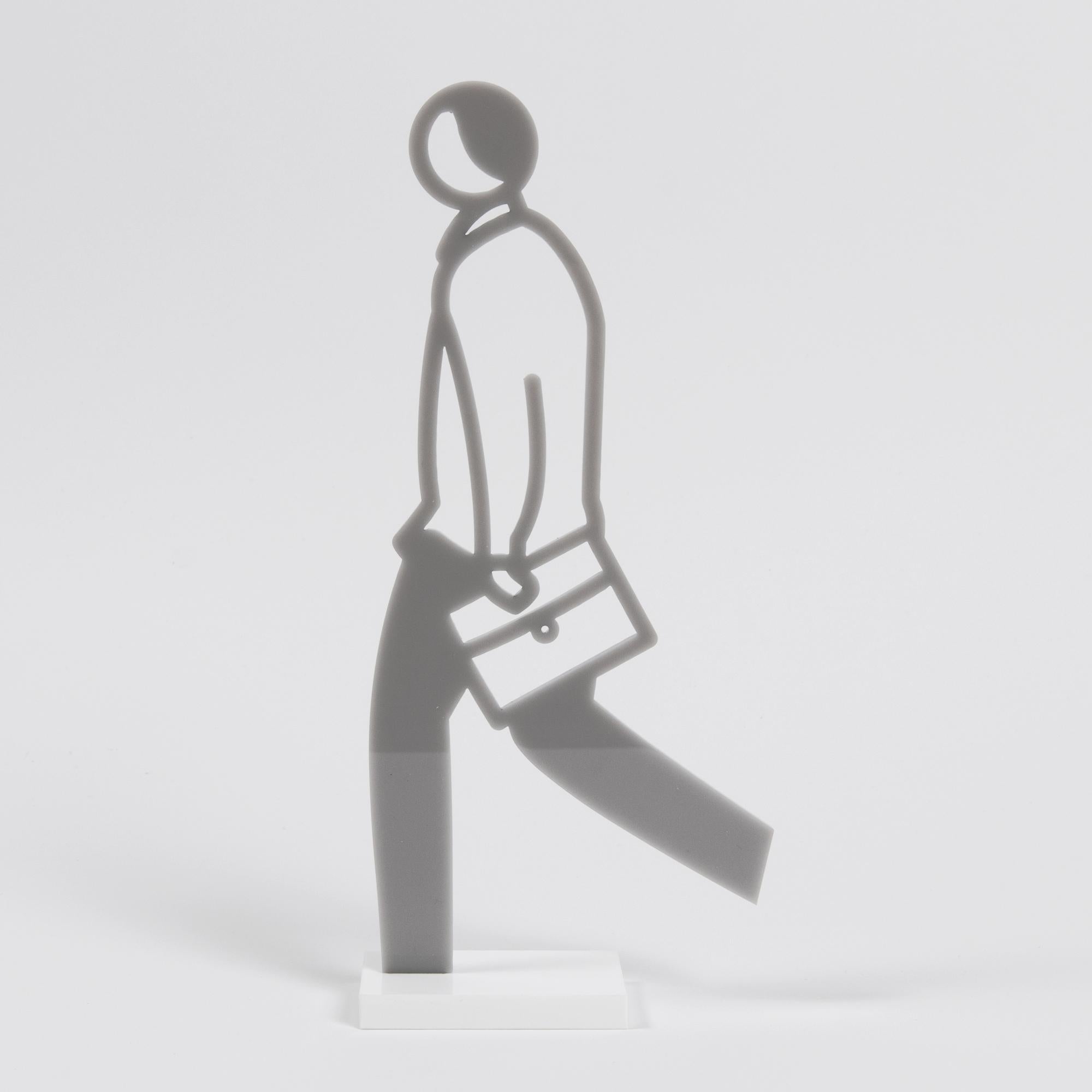 Julian Opie (British, b. 1958)
Male Walker - Grey, 2020
Medium: Laser cut acrylic, two-part statuette 
Figure measures: 25 x 11.5 x 0.5 cm
Base measures: 7.5 x 5 x 1 cm
Edition size: Unlimited edition, not signed
Condition: Mint, sold in its