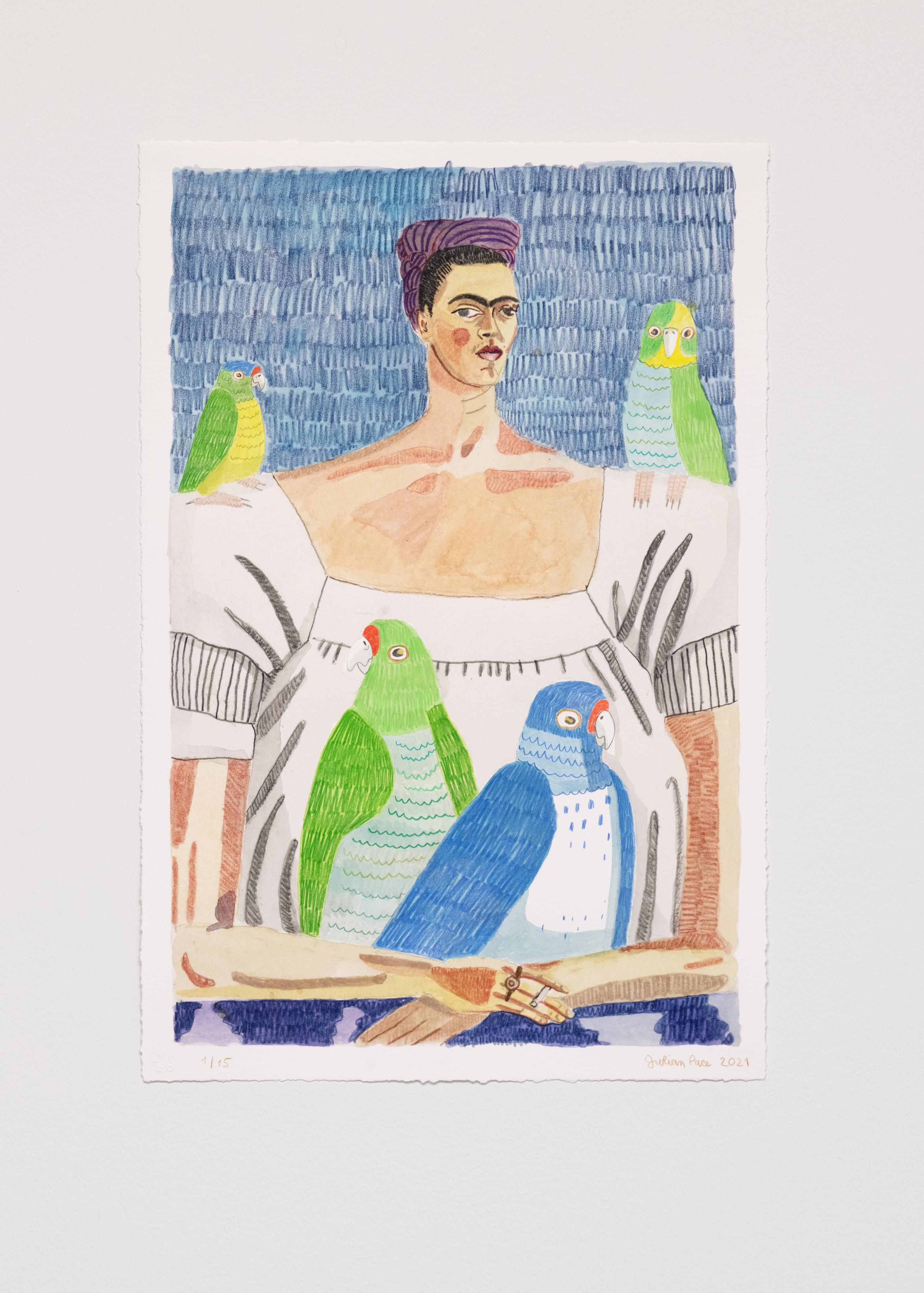Julian Pace Portrait Print - Frida and Parrots