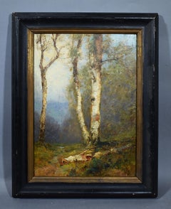Antique American Impressionist Birch Tree Forest Landscape Signed Oil Painting
