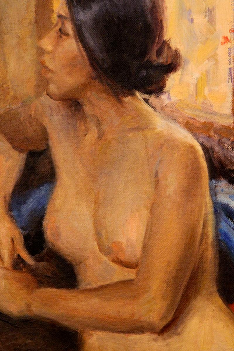 Girl with Geraniums - Brown Nude Painting by Julian Robles