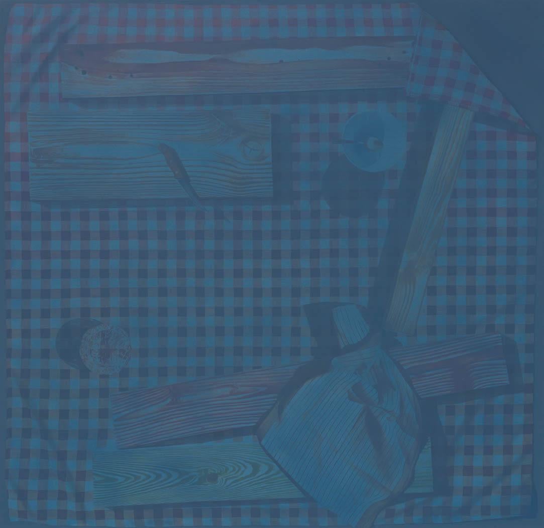 A Table Made of Wood- Canvas, Oil Paint, Fabric, Gingham, Still Life, Wood, Blue - Painting by Julian Rogers