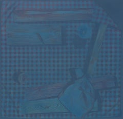 A Table Made of Wood- Canvas, Oil Paint, Fabric, Gingham, Still Life, Wood, Blue