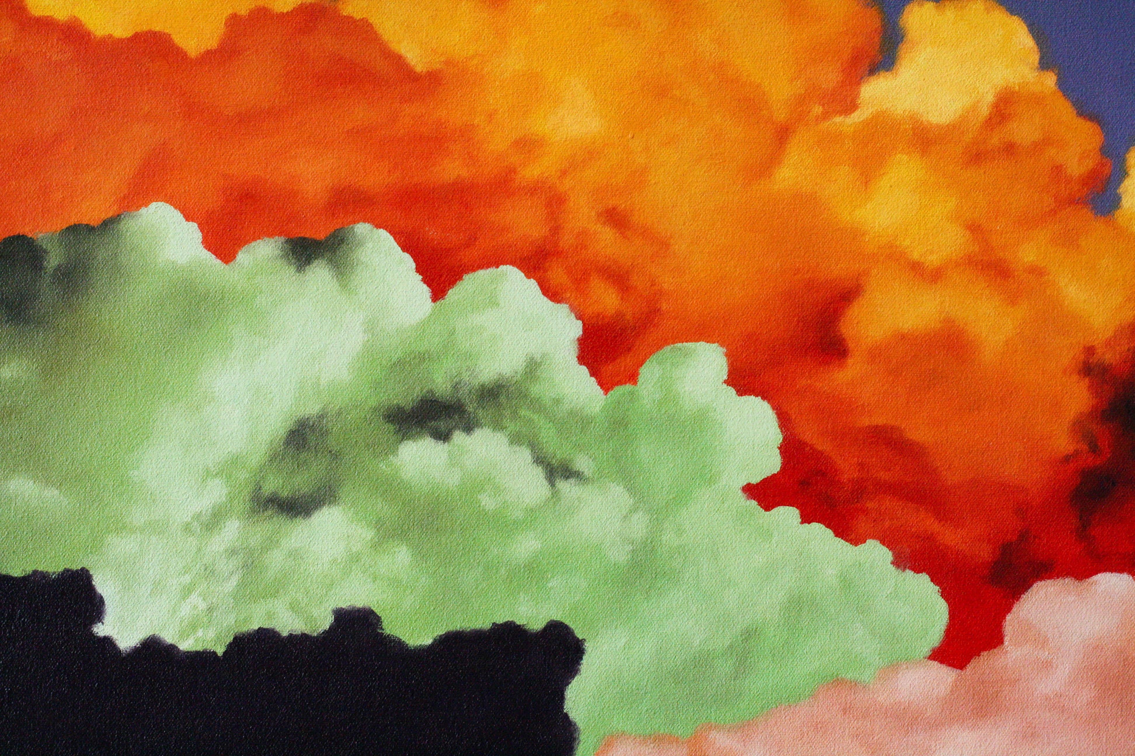 This skyscape oil painting on canvas is a stunning depiction of brightly colored clouds. The artist employs bright hues of orange, green, blue, pink, white, and black. 

Julian Rogers (b. 1981) is a Nashville native who lived in New York for five