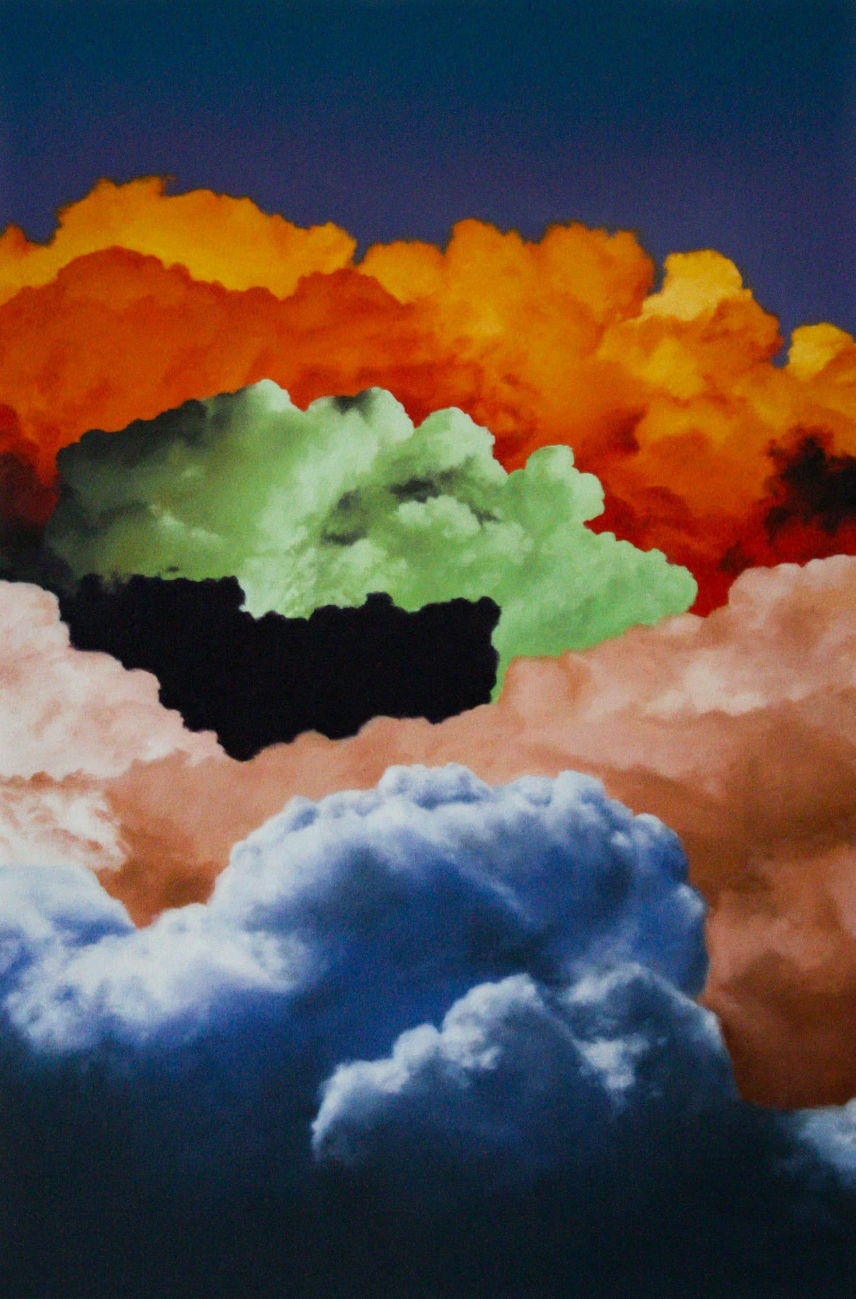 Hey You- Canvas, Oil Paint, Skyscape, Orange, Green, Pink, Blue, Black, White - Painting by Julian Rogers