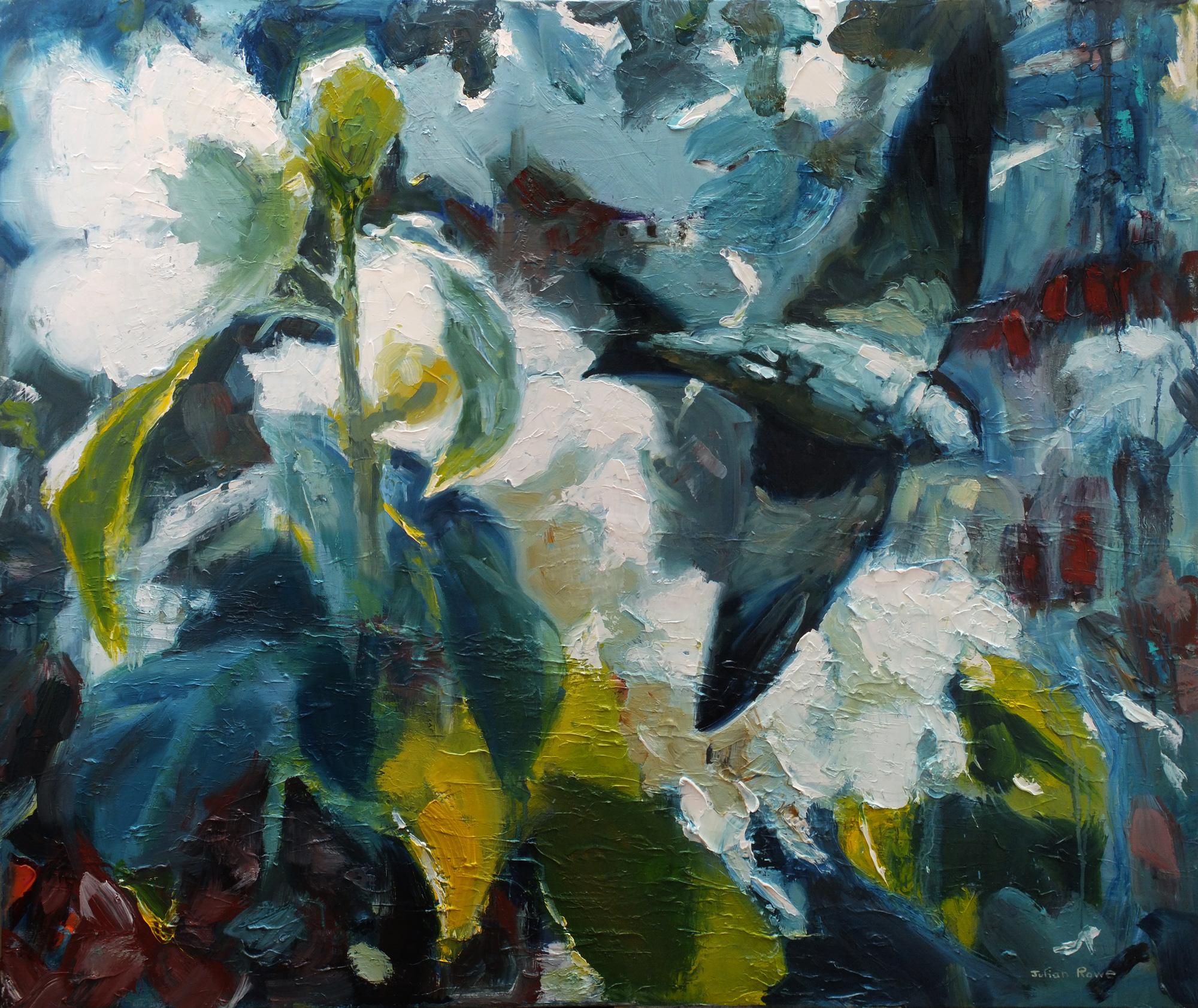 Julian Rowe Landscape Painting - Blue Dryad.  Contemporary Floral Oil Painting