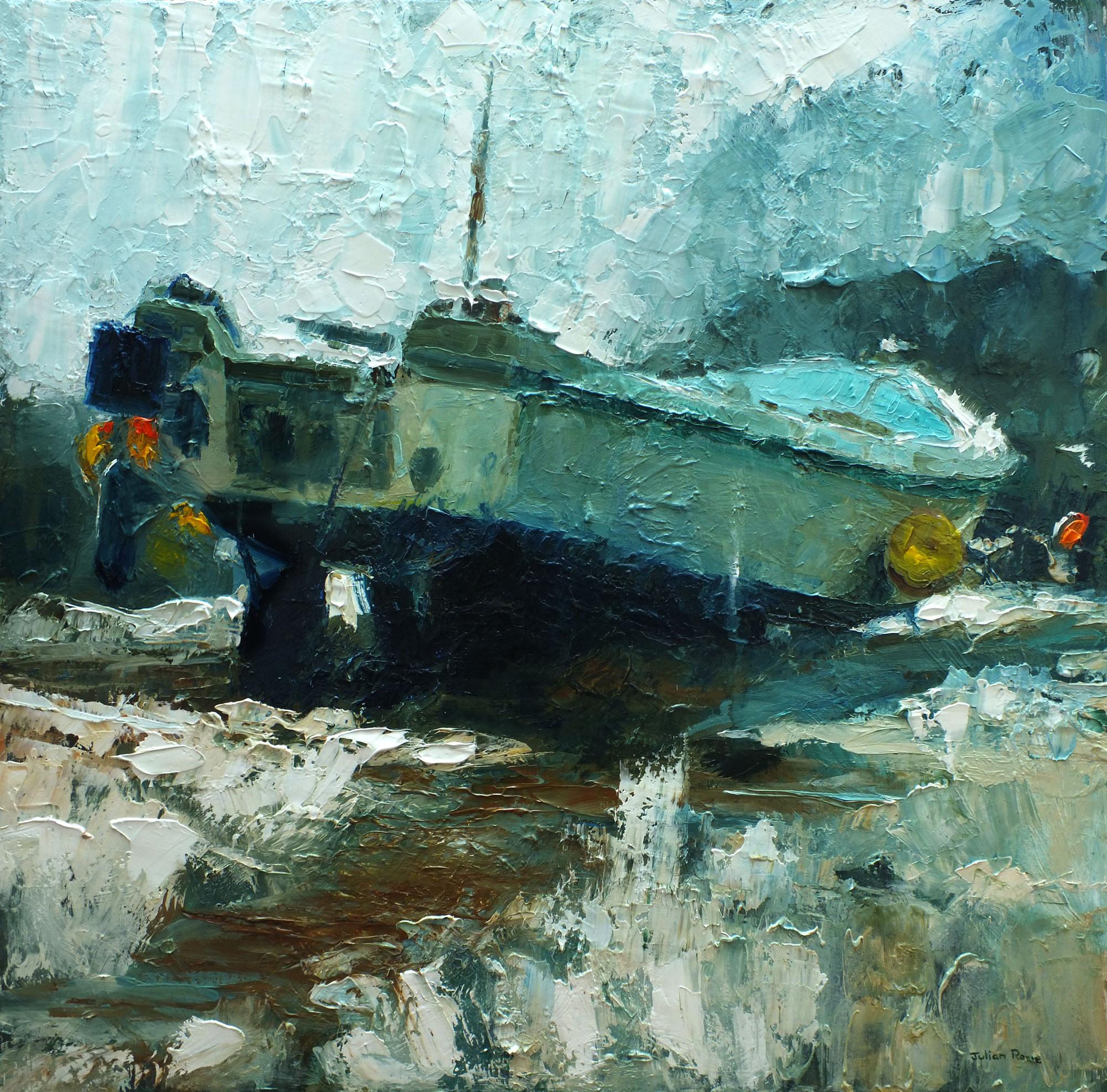 Julian Rowe Landscape Painting - Resting Boat.   Contemporary Coastal Oil Painting