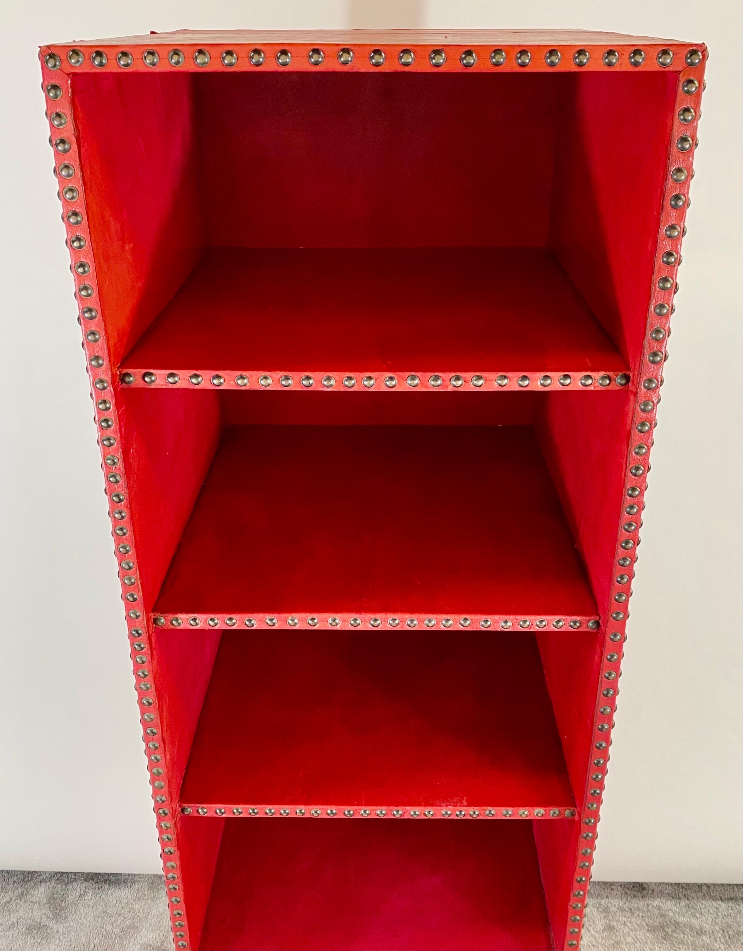 Julian Schnabel Leather Tooled Red Cabinet or Bookcase, Pair 6