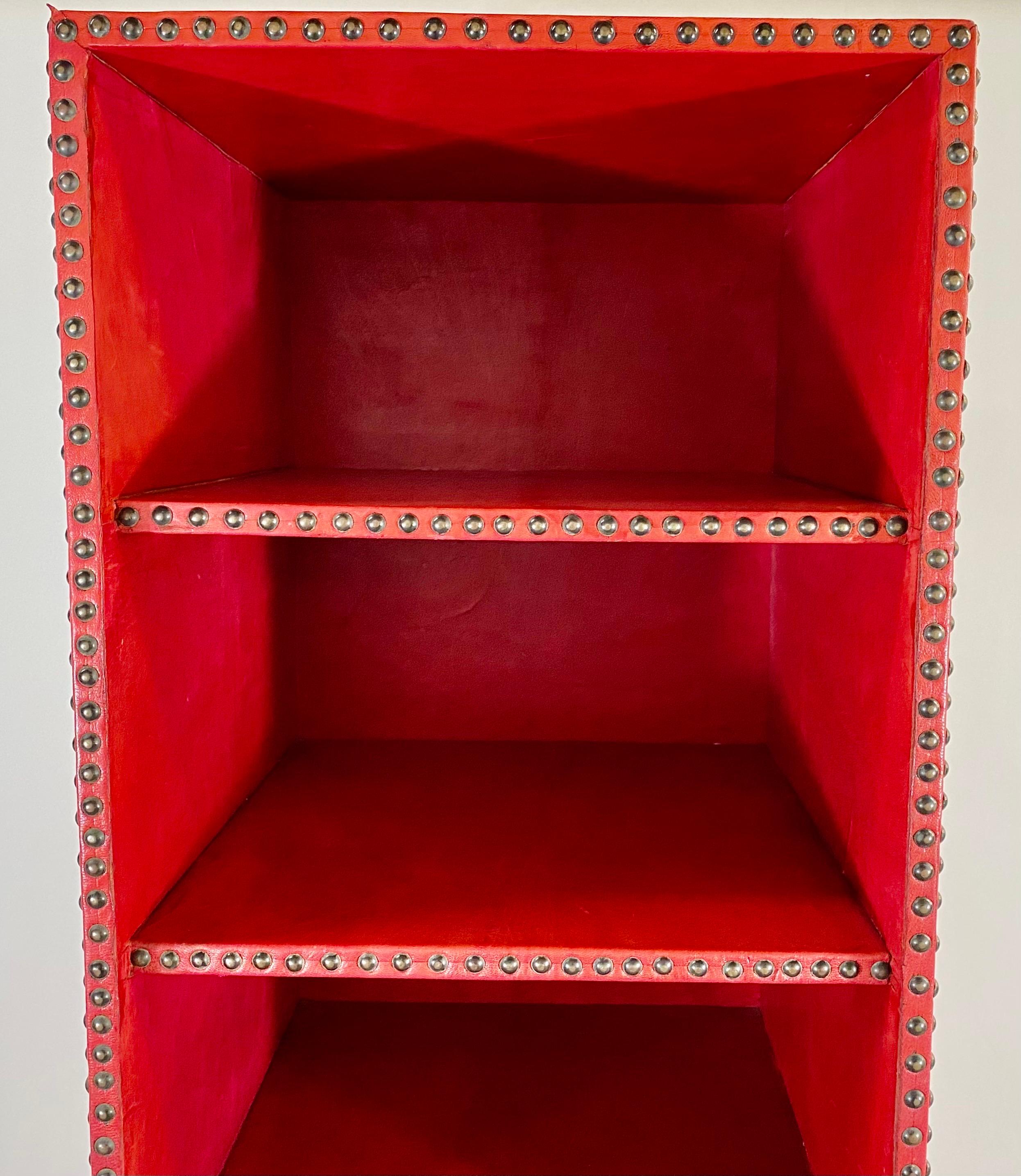Modern Julian Schnabel Leather Tooled Red Cabinet or Bookcase, Pair