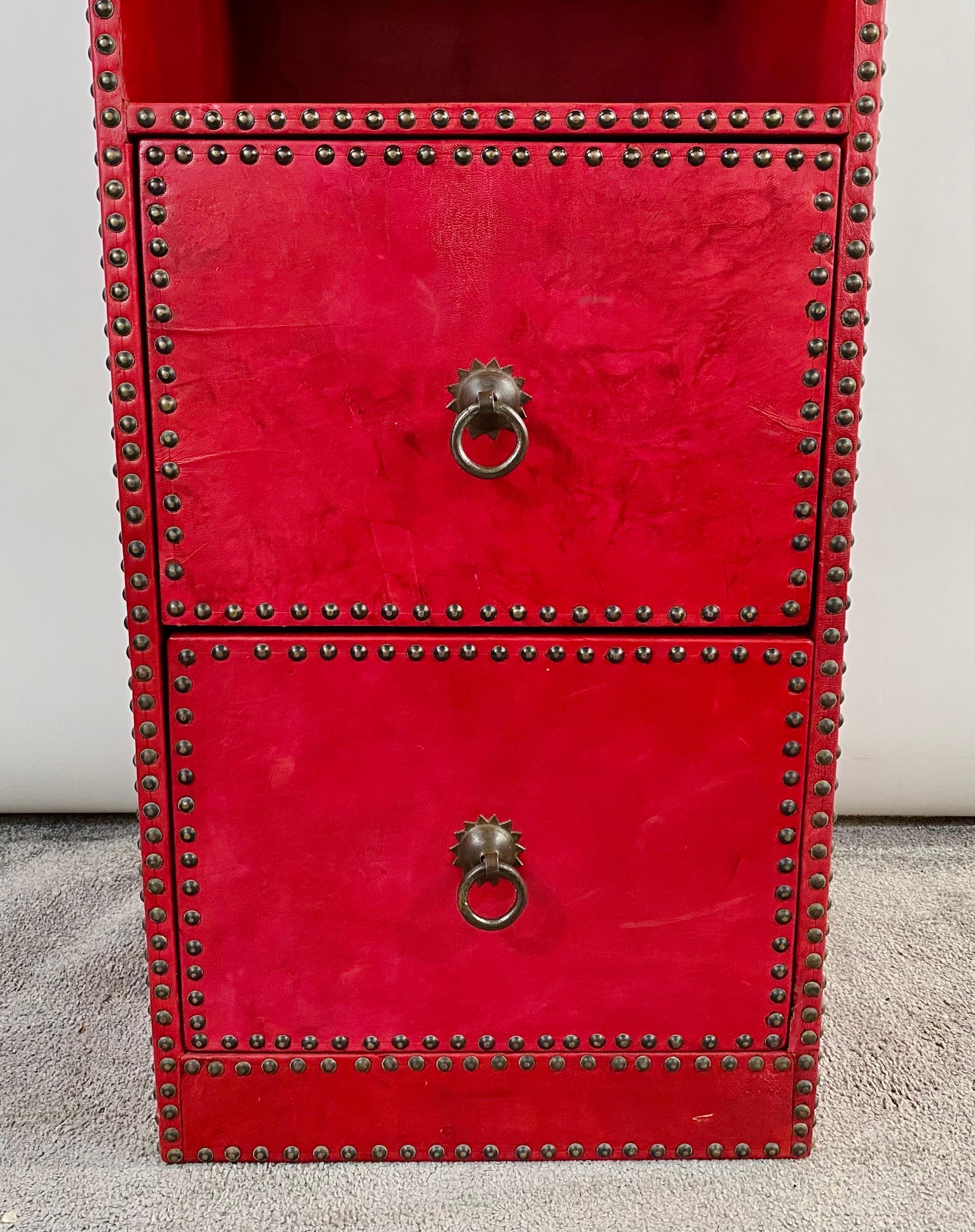 American Julian Schnabel Leather Tooled Red Cabinet or Bookcase, Pair