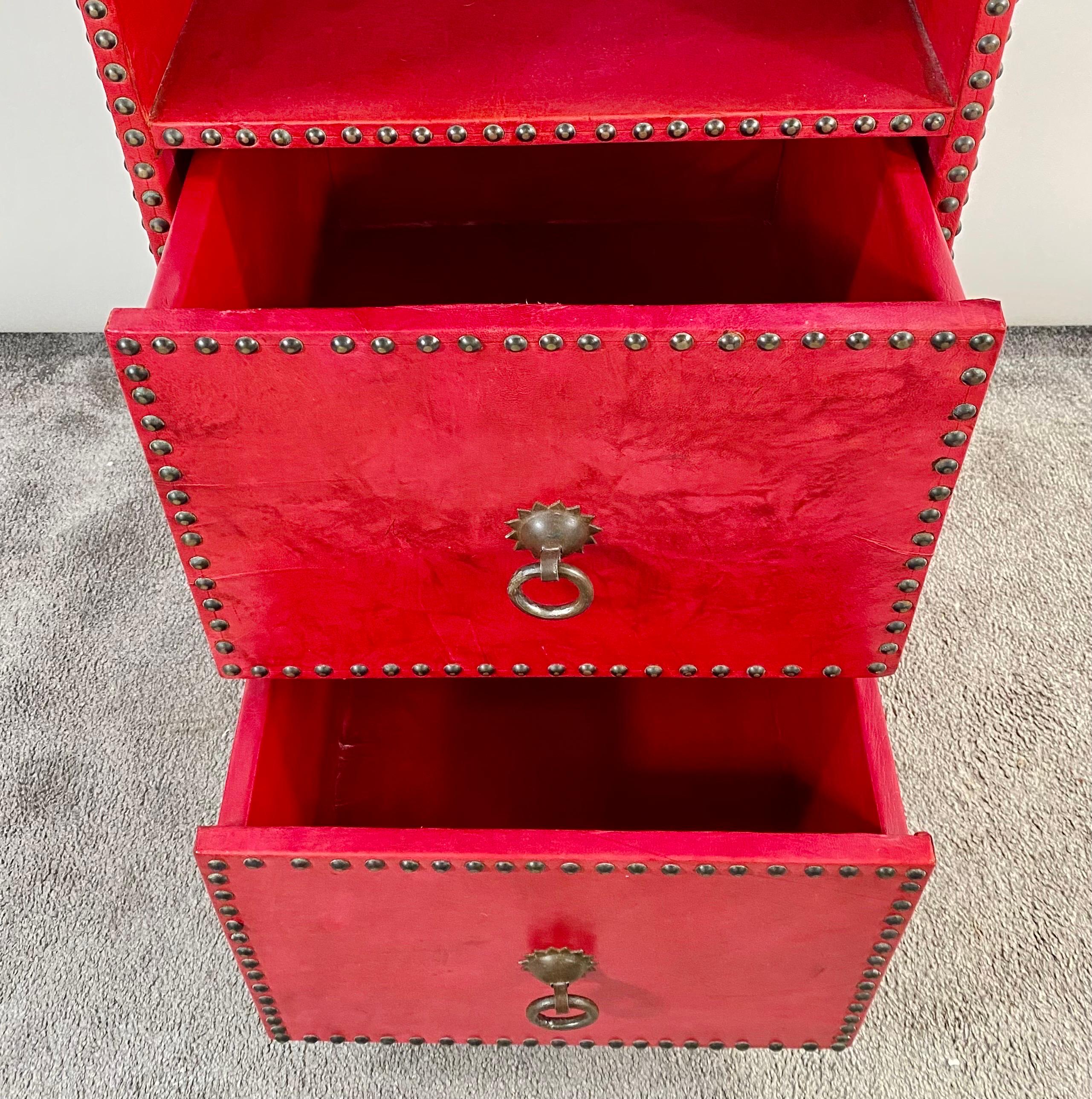 Contemporary Julian Schnabel Leather Tooled Red Cabinet or Bookcase, Pair