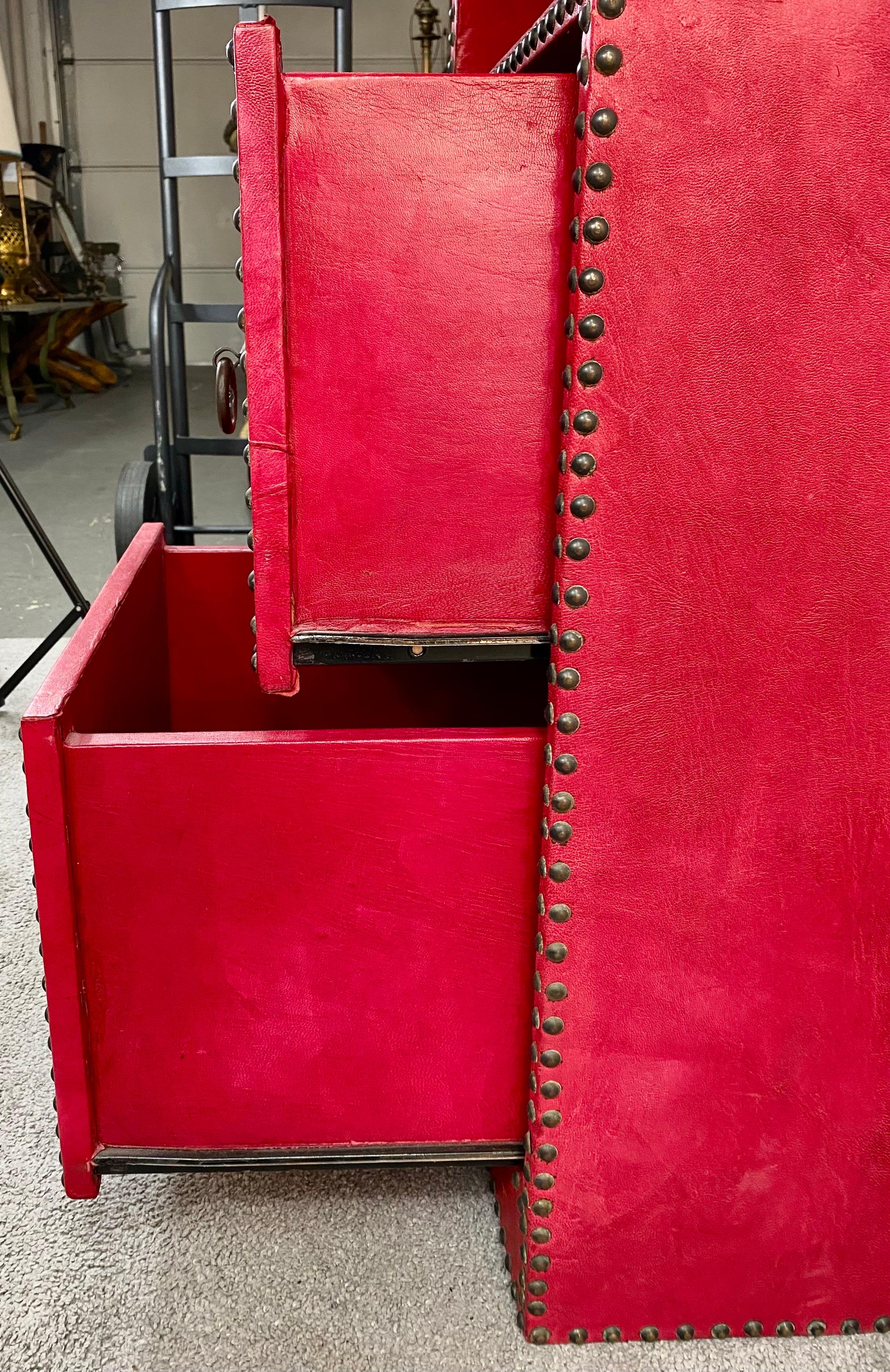 Julian Schnabel Leather Tooled Red Cabinet or Bookcase, Pair 1