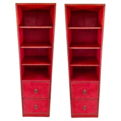 Julian Schnabel Leather Tooled Red Cabinet or Bookcase, Pair