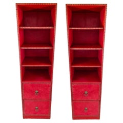 Julian Schnabel Leather Tooled Red Cabinet or Bookcase, Pair