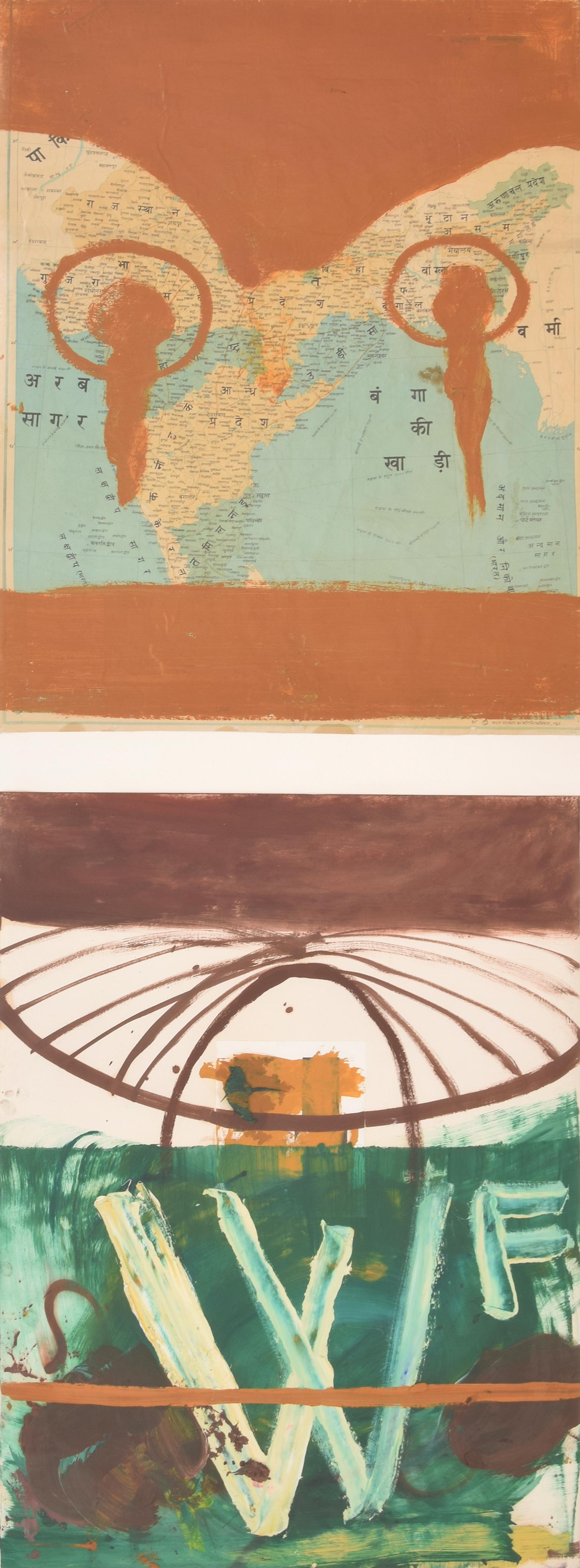 Artist/Designer; Manufacturer: Julian Schnabel (b. 1951)
Marking(s); notes: signed, marking(s); 1985
Country of origin; materials: American; oil on map and paper collage
Dimensions (H, W, D): 38"h, 28"w each section; 88"h, 36.5"w frame