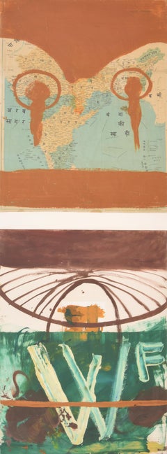 Large Julian Schnabel Diptych Painting, 88″H Framed