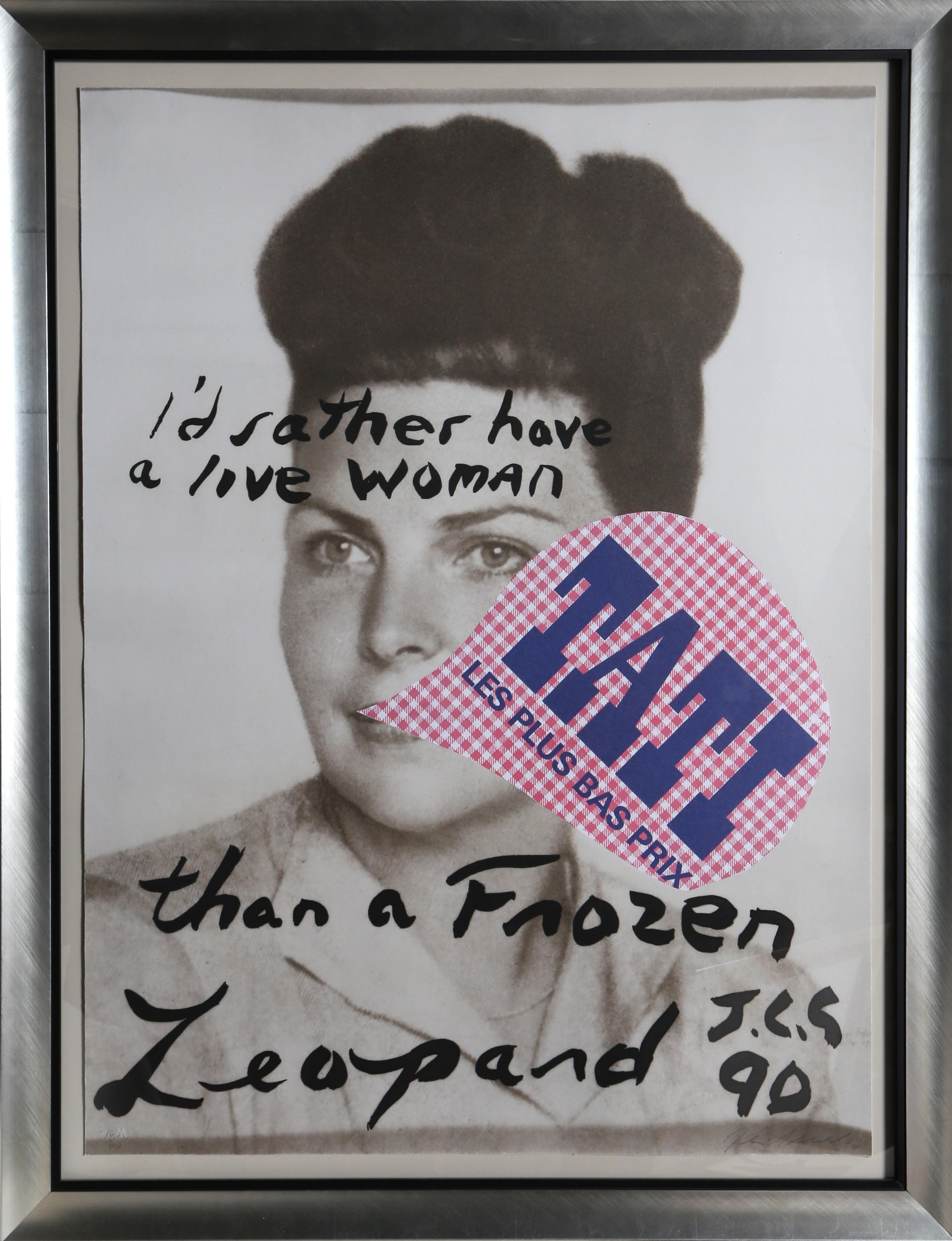 I’d Rather Have a Live Woman than a Frozen Leopard by Julian Schnabel, American (1951)
Date: 1990
Screenprint, signed and numbered in pencil
Edition of 16/60
Size: 35.5 x 28.5 in. (90.17 x 72.39 cm)
Frame Size: 41 x 32 inches
Publisher: Paris Review
