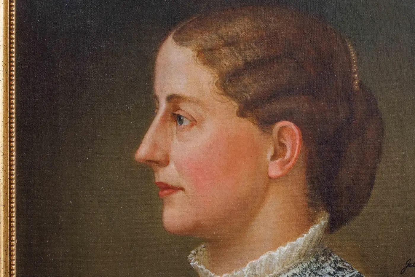 Julian Scott (Amerikaner, 1846-1901) Öl auf Leinwand, Porträtgemälde von Isabella Penn Smith Fleming, um 1883. 

Signiert Julian Scott und datiert 1883, Mitte rechts. 

Zusammen mit einem Spitzenkragen in einer Schachtel aus dem Museum of Fine Arts,