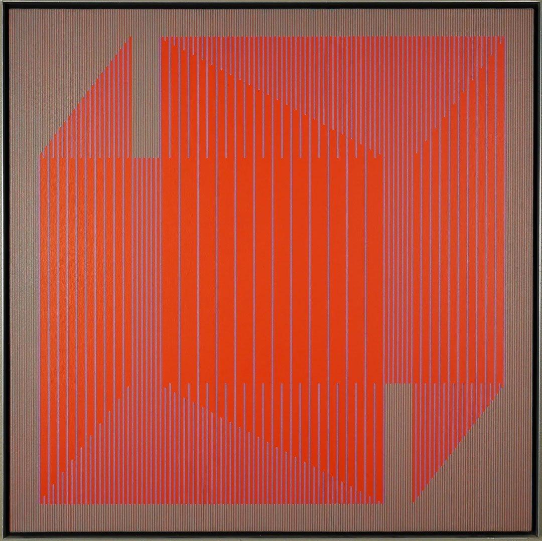 Le rouge est une peinture à l'acrylique géométrique rouge OpArt - Painting de Julian Stanczak