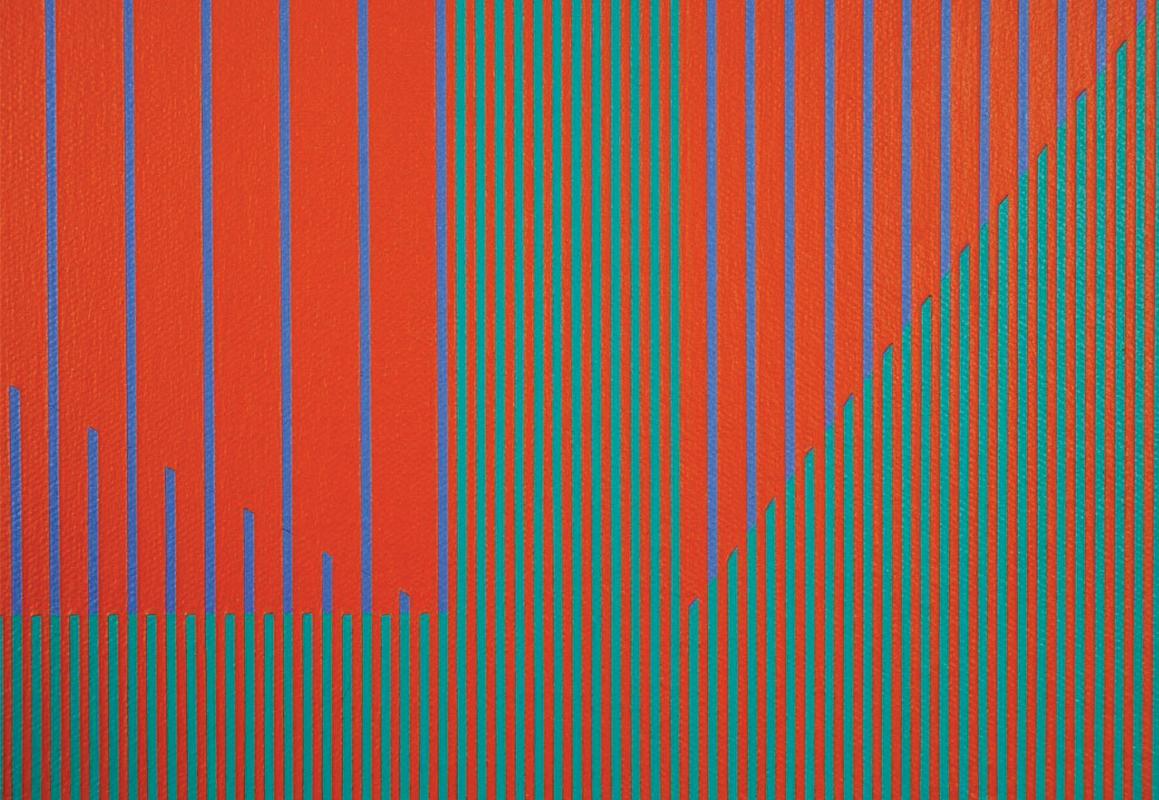 Red ist ein rotes, geometrisches OpArt-Acrylgemälde (Op-Art), Painting, von Julian Stanczak