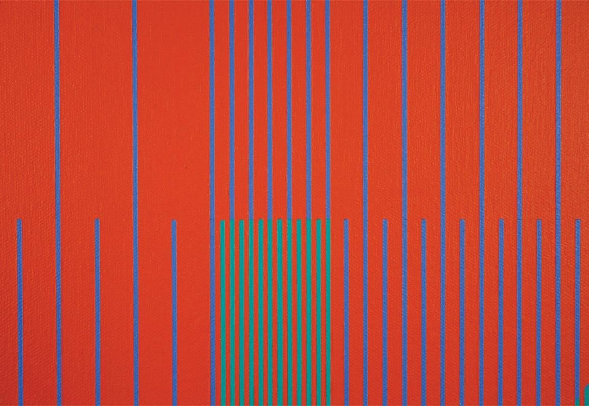Le rouge est une peinture à l'acrylique géométrique rouge OpArt - Orange Abstract Painting par Julian Stanczak