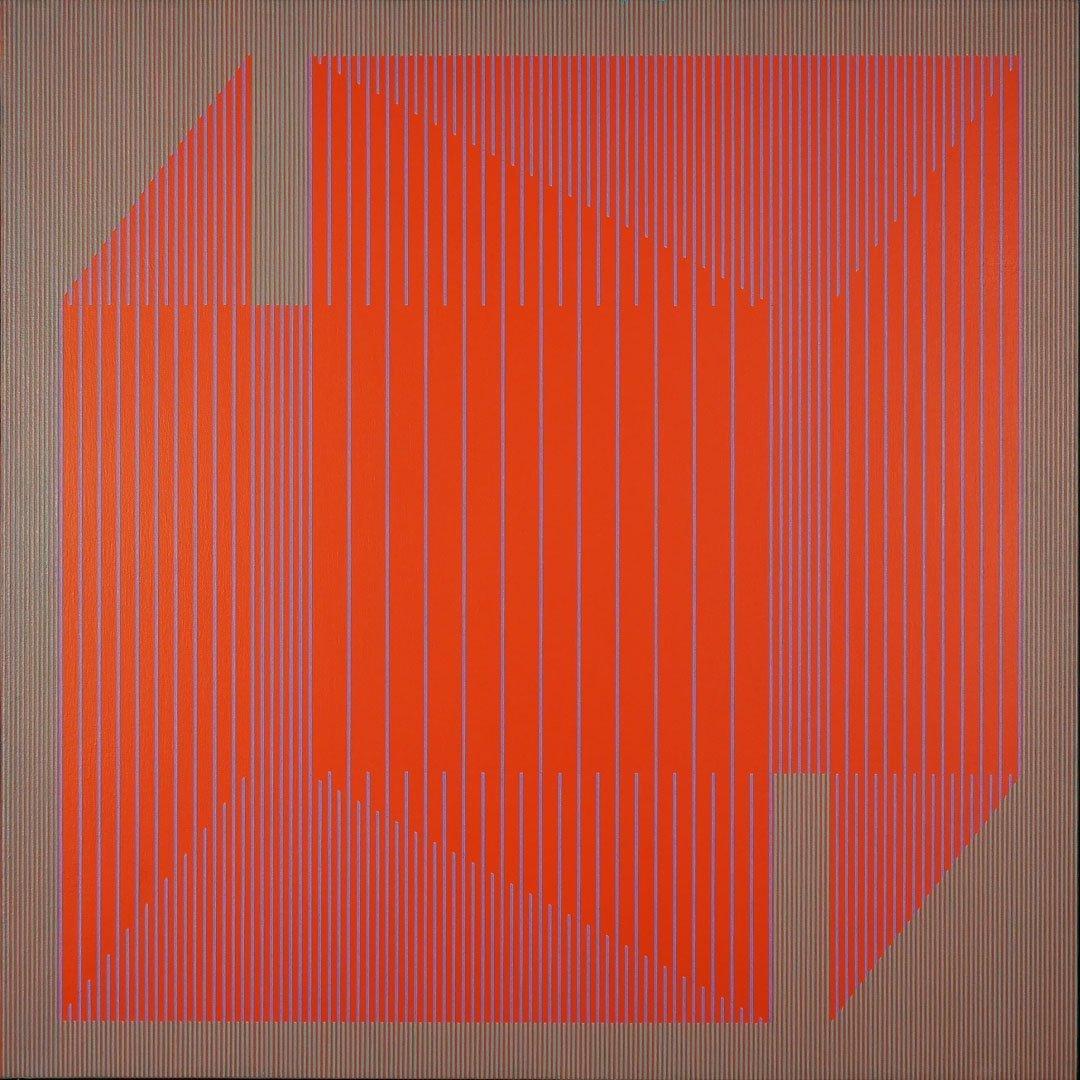 Abstract Painting Julian Stanczak - Le rouge est une peinture à l'acrylique géométrique rouge OpArt