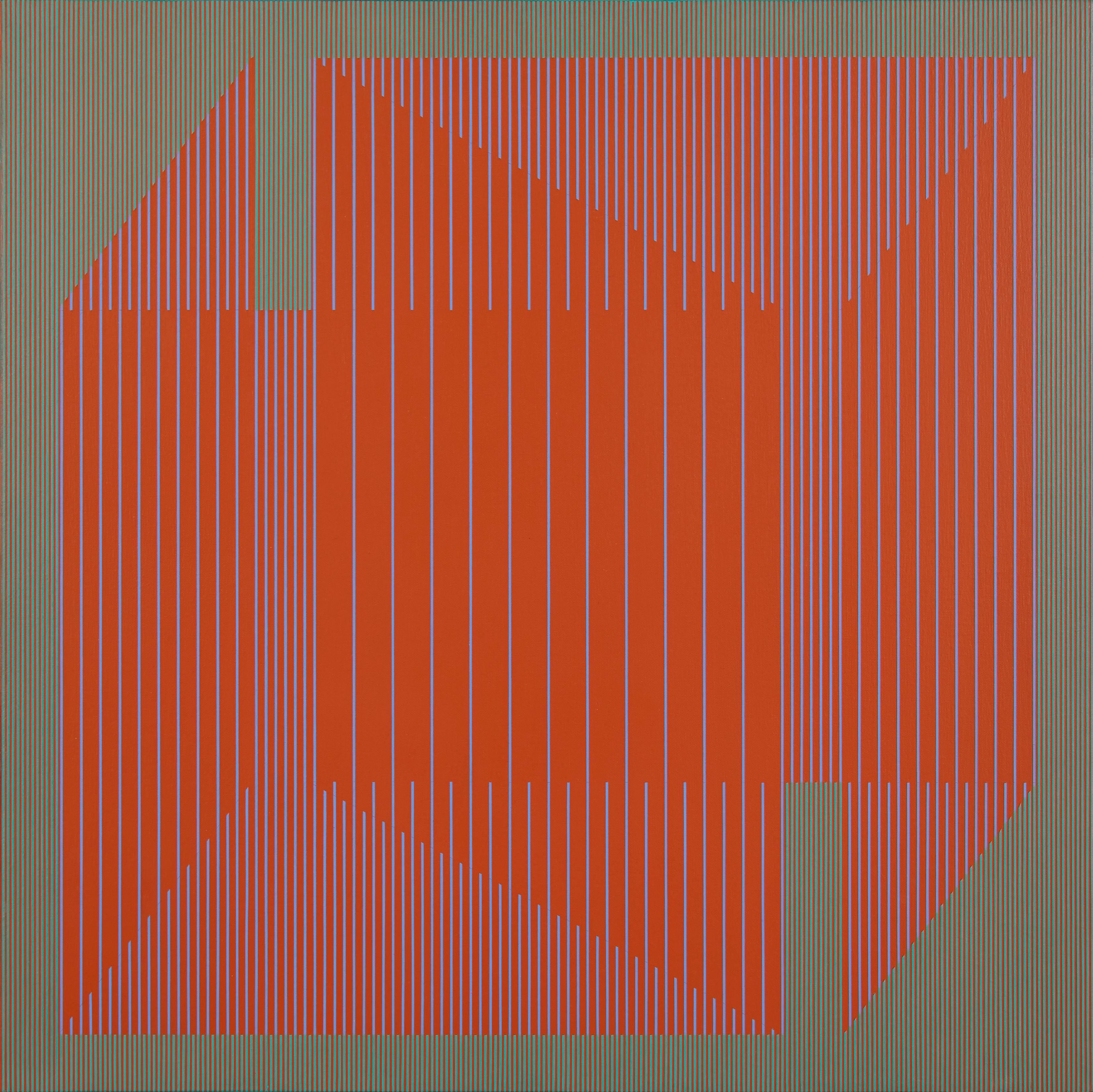 Abstract Painting Julian Stanczak - Le rouge est une peinture à l'acrylique géométrique rouge OpArt