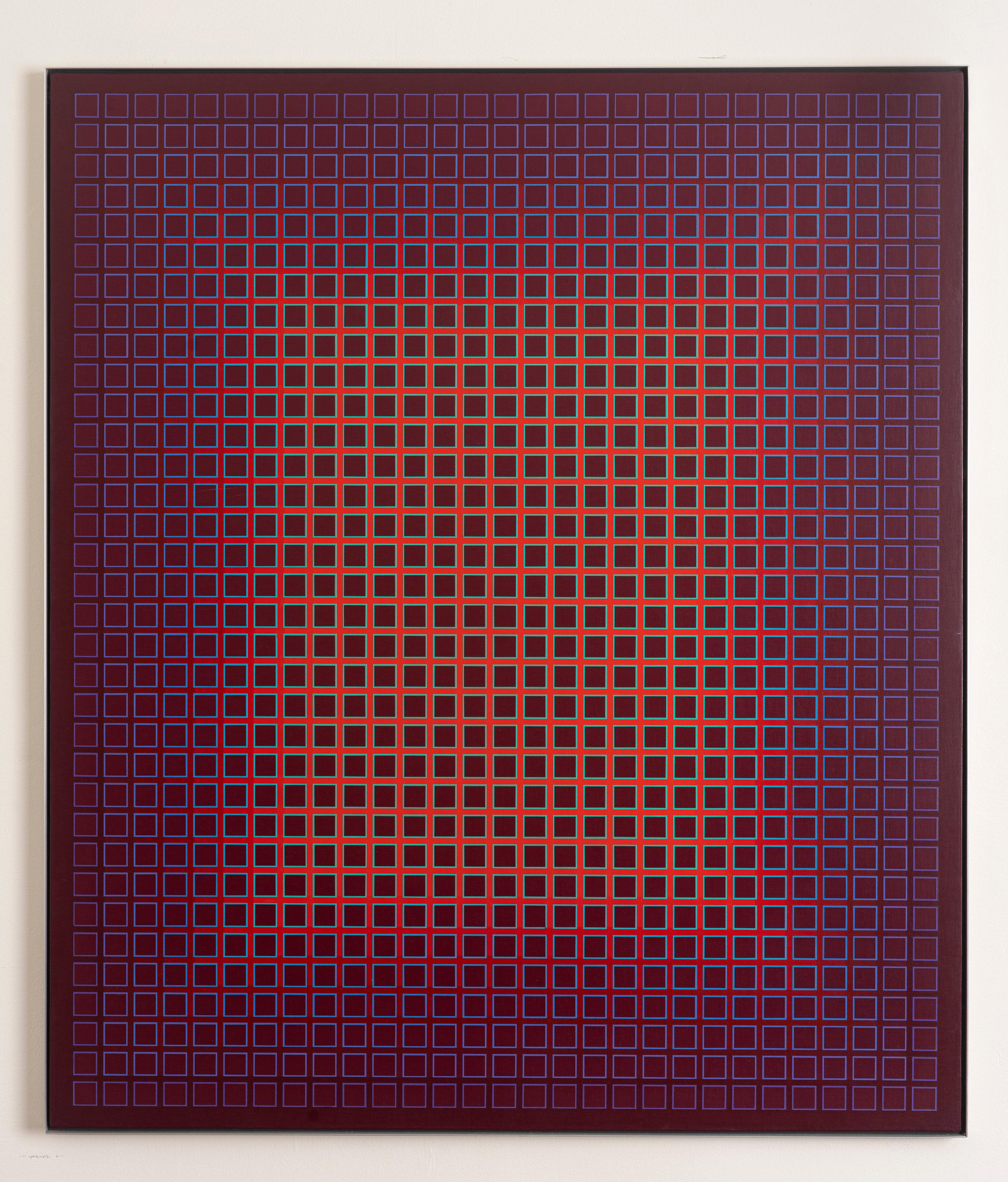Quadratisches Chroma #4  1980 Rot Blau Violett Lila Geometrische OP ART - Erstaunlich! (Op-Art), Painting, von Julian Stanczak