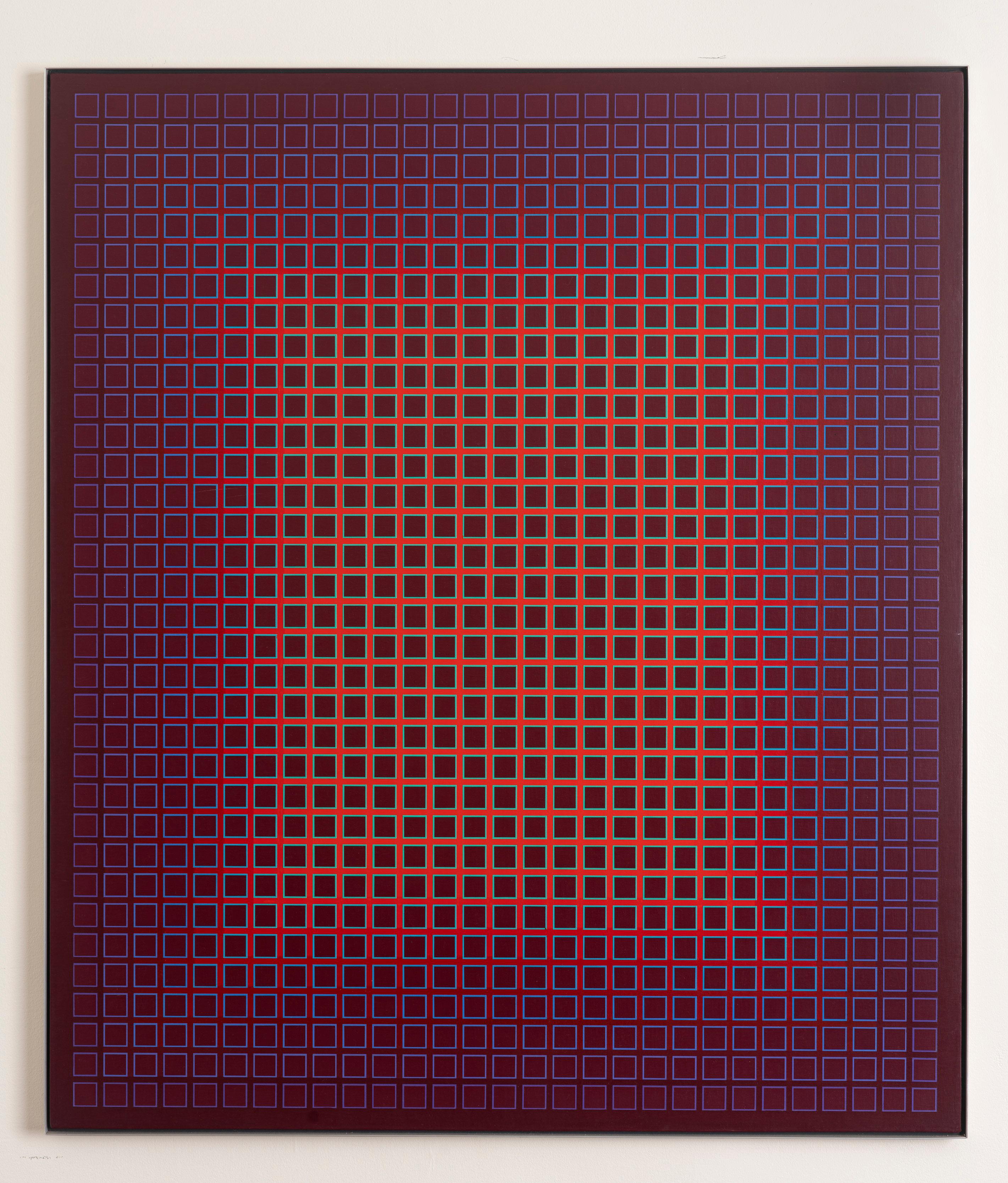 JULIAN STANCZAK Sequential Chroma #4 1980 OP ART Pittura Rosso Blu Viola Viola - Painting Op Art di Julian Stanczak