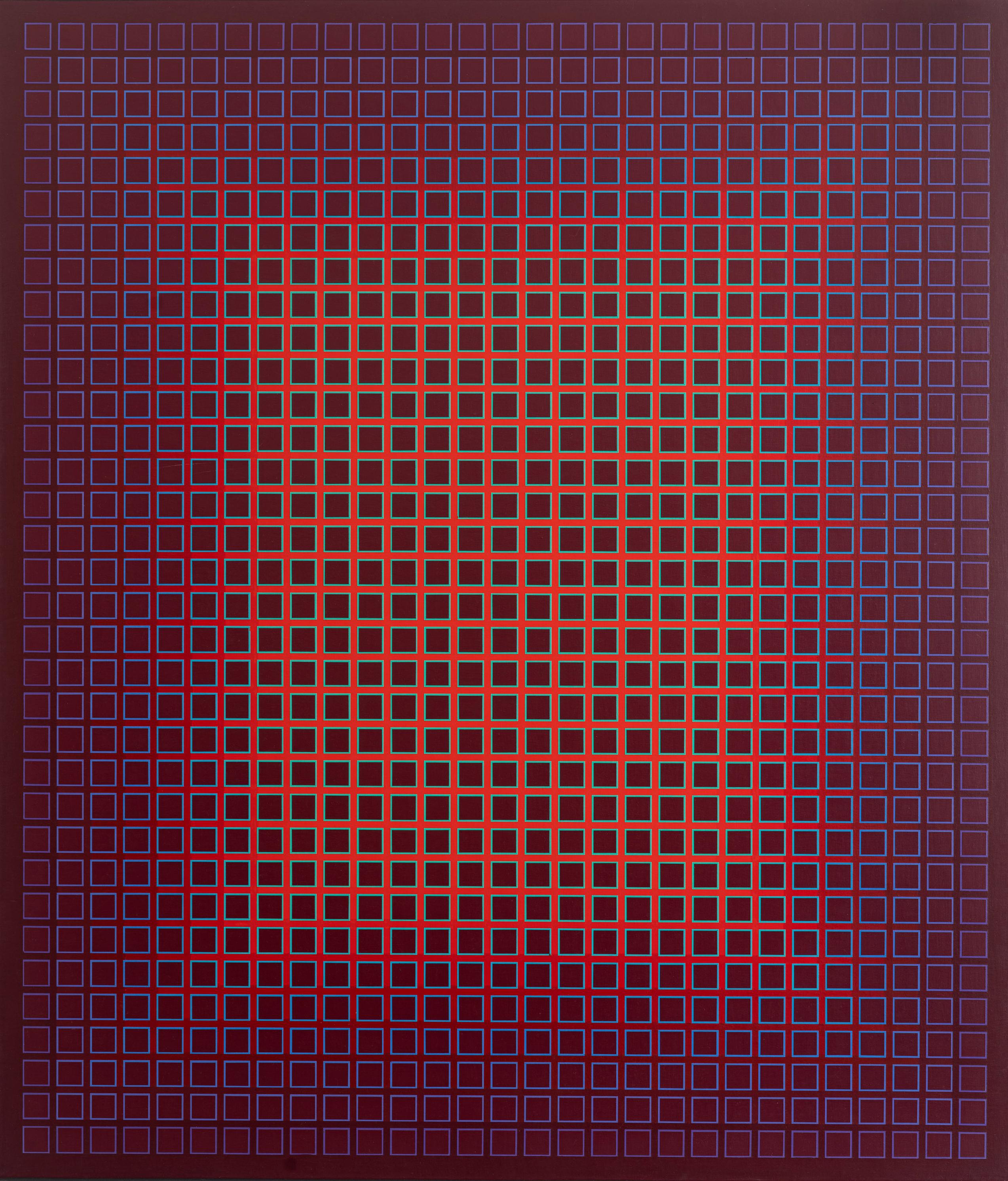 Sequential Chroma #4  1980 Red Blue Violet Purple Geometric OP ART - Amazing! - Painting by Julian Stanczak