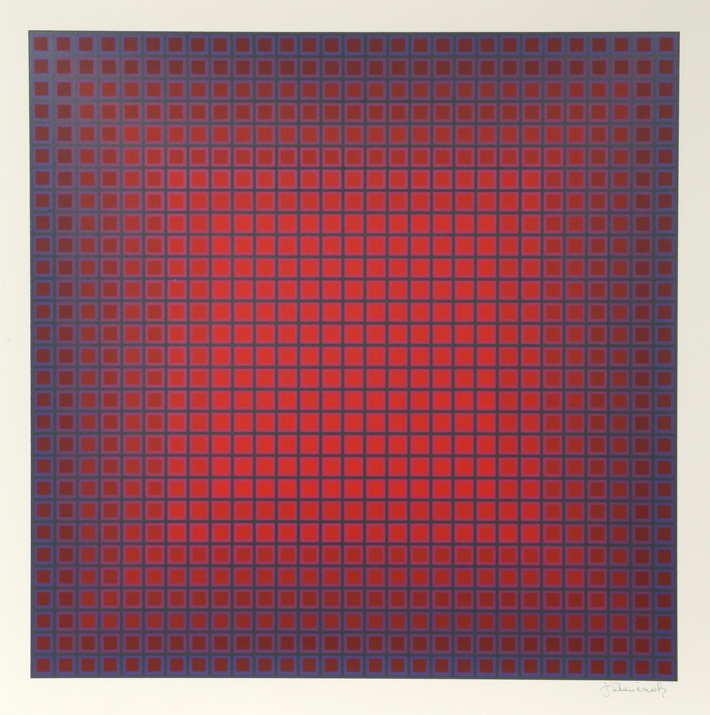 A colorful OP Art silkscreen by Poland-born American OP Artist, Julian Stanczak.  

Artist: Julian Stanczak, American (1928 - 2017)
Title: Compounded Red
Year: 1981
Medium: Screenprint, signed and numbered in pencil
Edition:175
Image Size: 23.25 x