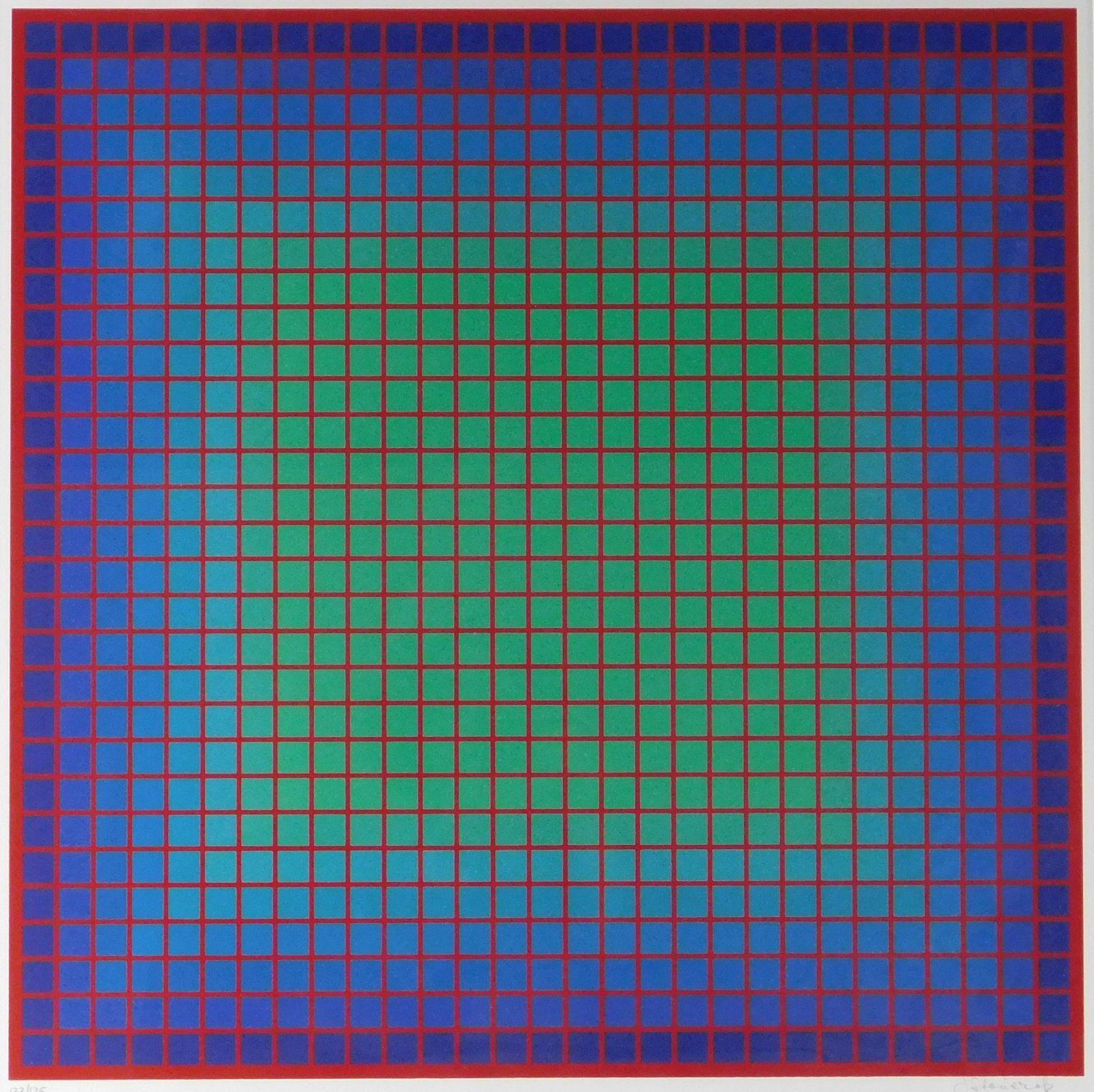 Julian Stanczak Abstract Print - Conferring Blue