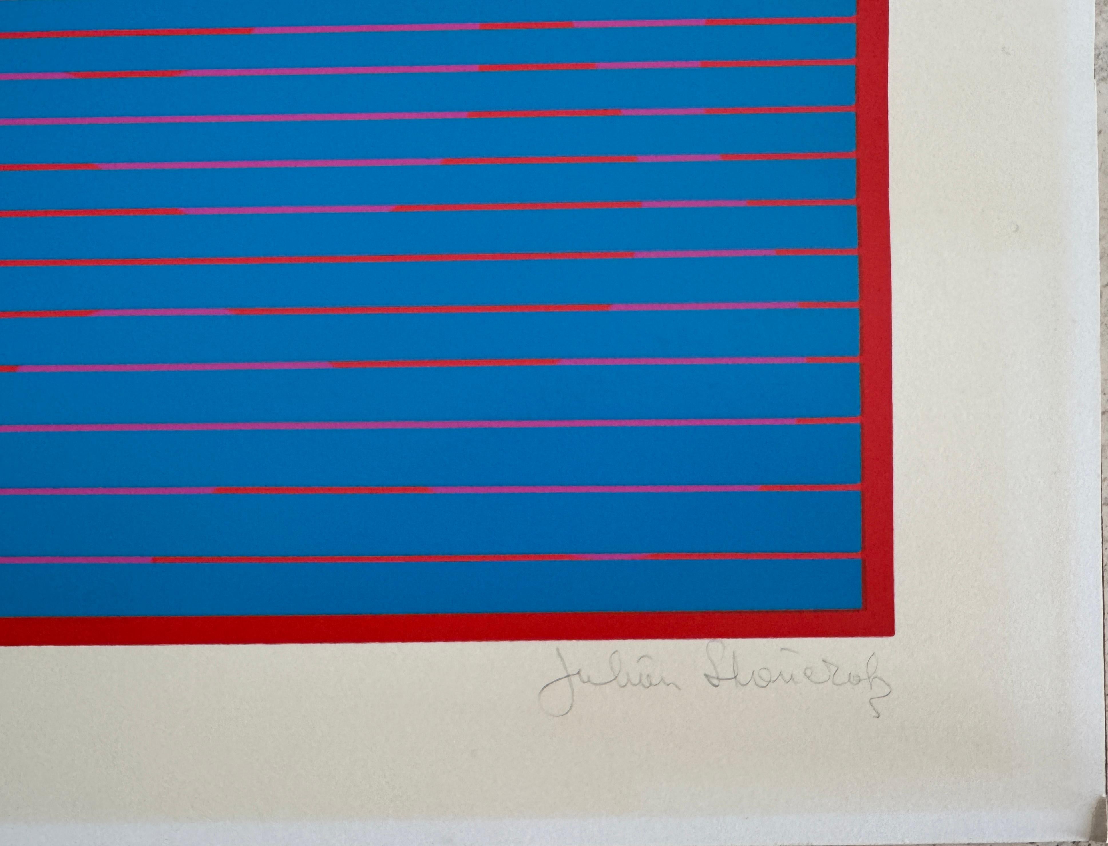 
Julian Stanczak Blue Op Art Screen Print
screenprint 
Pencil signed (lower right) edition numbered 20/165, measures 28