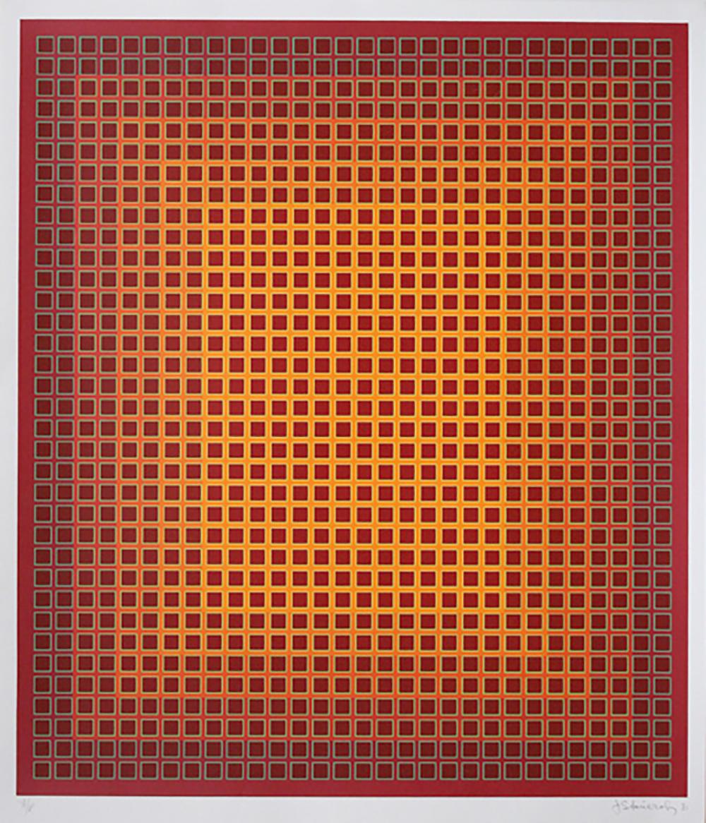 Une sérigraphie OP Art colorée réalisée par l'artiste OP américain d'origine polonaise, Julian Stanczak.  

Artiste : Julian Stanczak, américain (1928 - 2017)
Titre : Chroma séquentiel
Année : 1981
Médium : Sérigraphie, signée et numérotée au