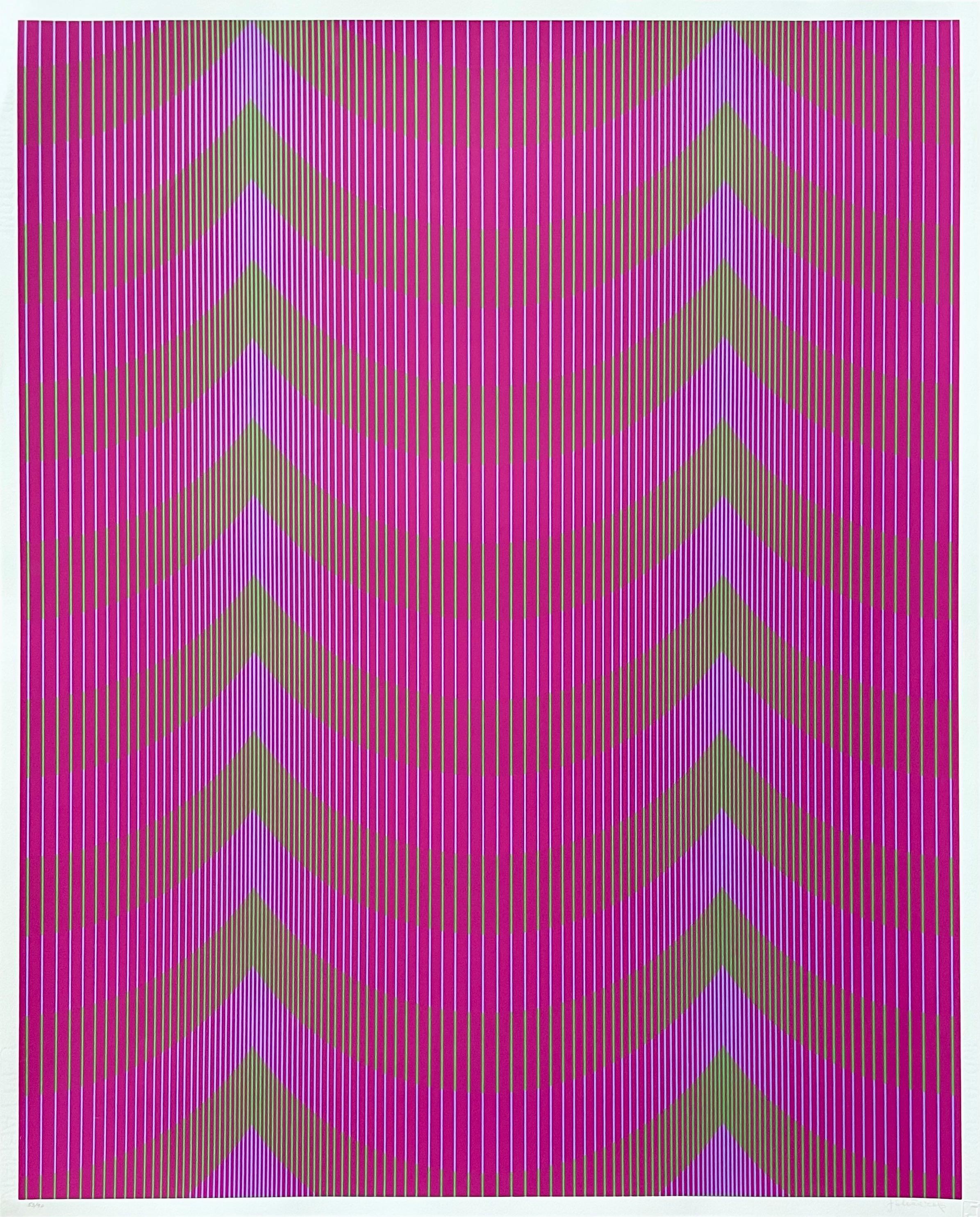 Artist: Julian Stanczak (1928-2017)
Title: Veiled (from Twelve Progressions)
Year: 1971
Edition: 53/90, plus proofs
Medium: Three color silkscreen on Fabriano paper
Size: 32.25 x 26 inches
Condition: Good
Inscription: Signed and numbered by the