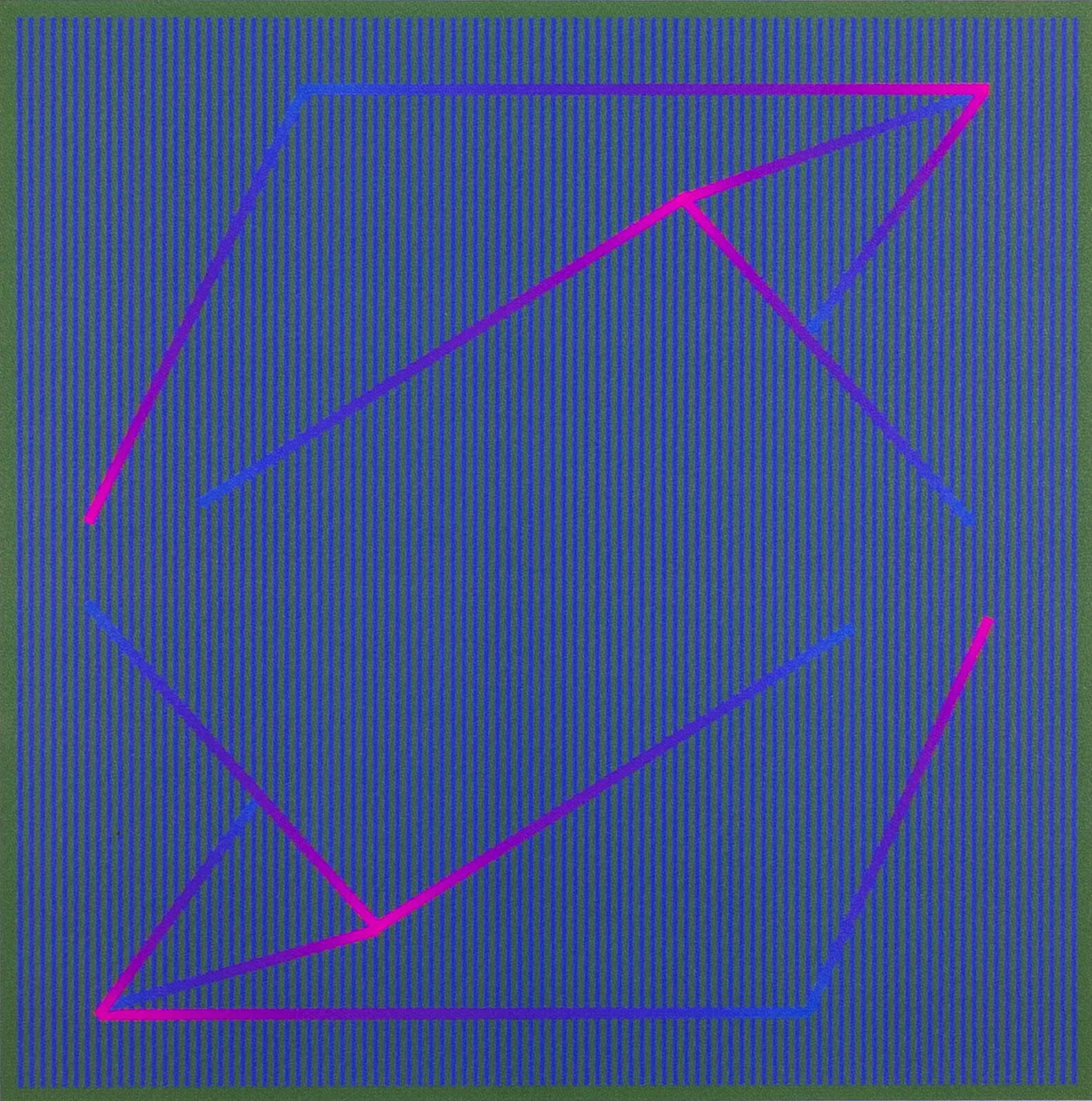 A contemporary op art serigraph on paper titled “Lineal Embrace - Purple” by Julian Stanczak. Hand signed in pencil and dated ’93 on the bottom right. Annotated E.A. on the bottom left and titled on the verso. Linear lines in blue and gold with an