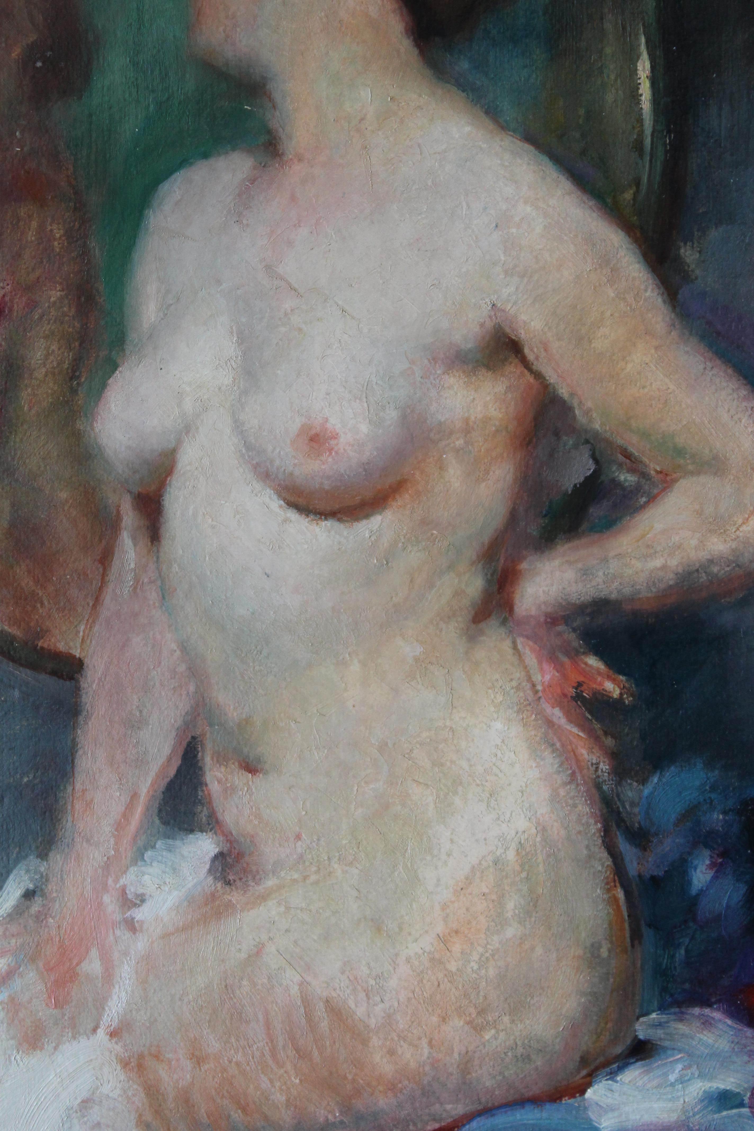 Antique nude portrait painting by French artist, Julian Tavernier ((1879-1939).  This impressive and distinctive oil painting of a nude looking into and reflected by a mirror is beautifully rendered.  The tonal hues of the woman's body is second to