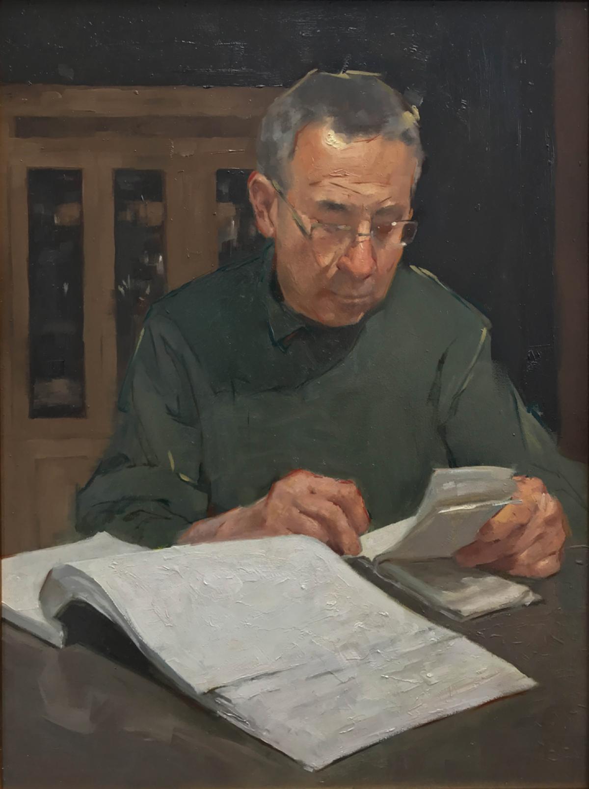Comprobando dos veces los números, 16 x 12 óleo, Arte del Suroeste, Realista