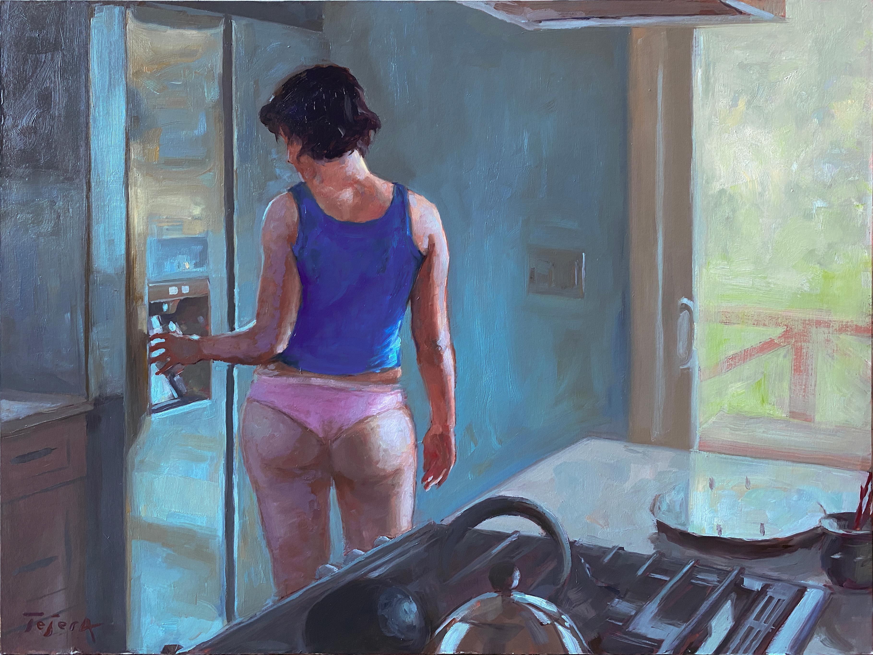 Julian Tejera Interior Painting - Morning Drink, 12x16 oil on paper on panel , Southwest Art Magazine, Free Ship