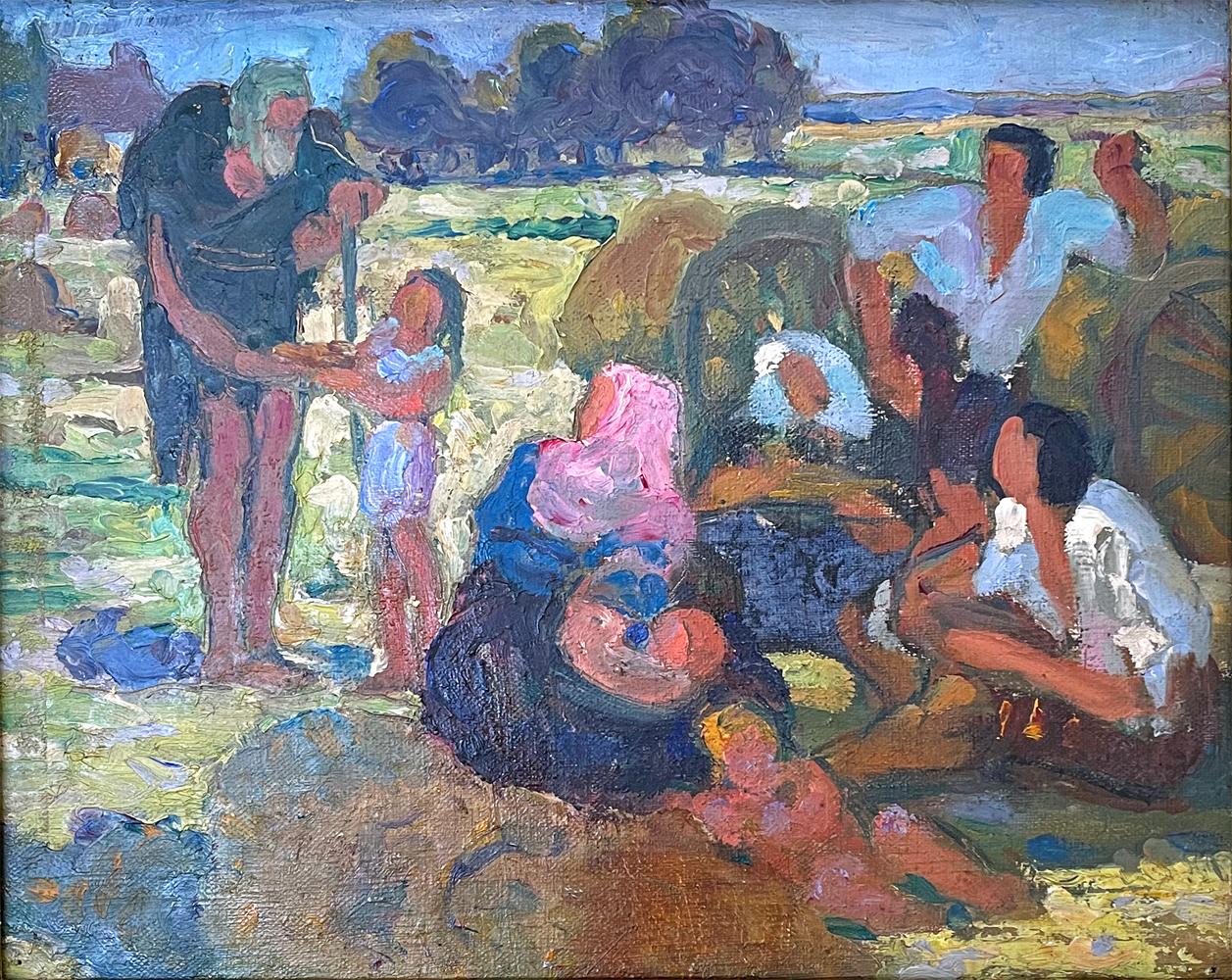 Brilliantly and confidently painted by an important French painter, Augusta de Bourgade, in 1914, this Impressionist painting depicts a group of laborers in the field interacting with the legendary saint, Julian the Hospitaller. Though brought up in