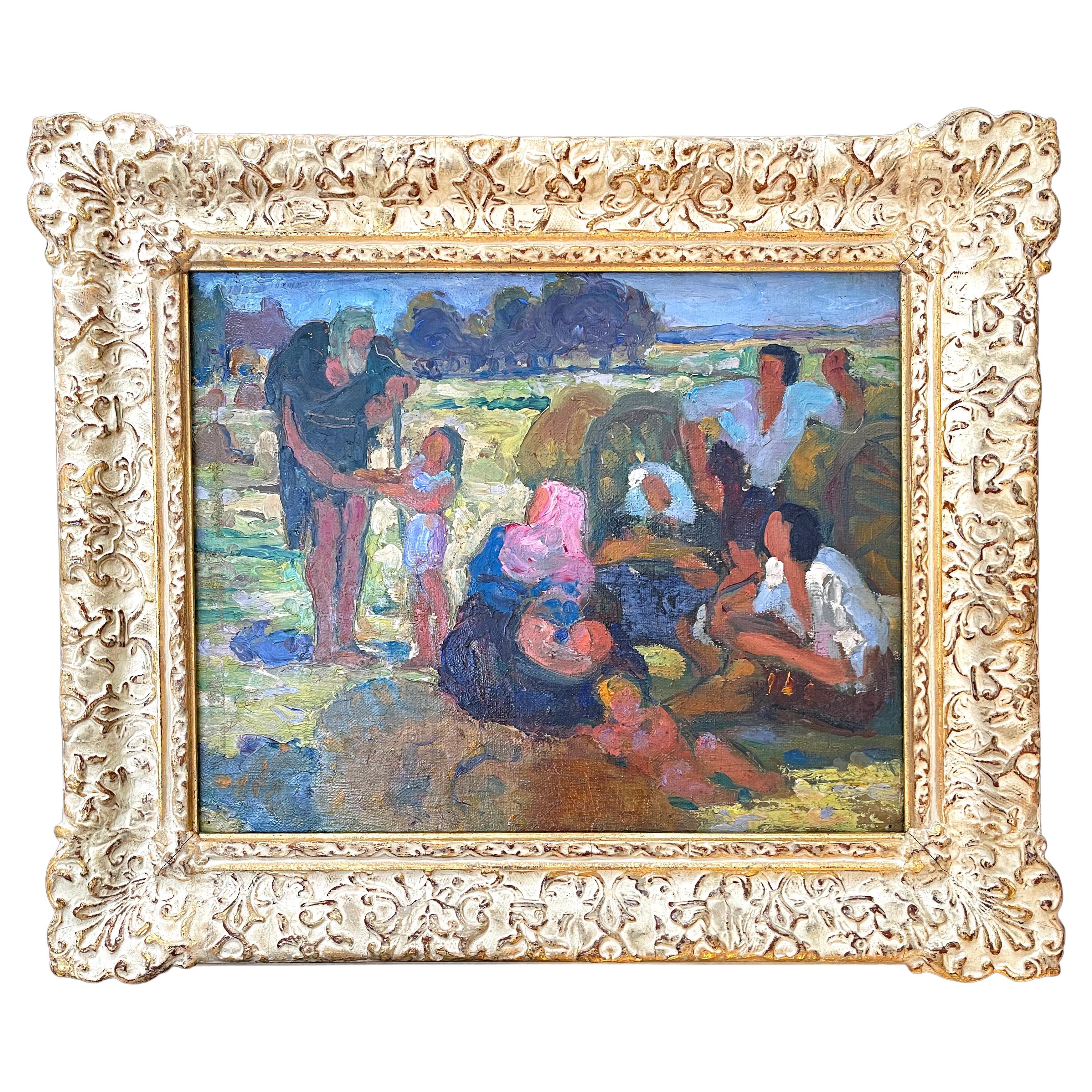 "Julian the Hospitaller," Impressionist Scene W/ Saint and Laborers in the Field