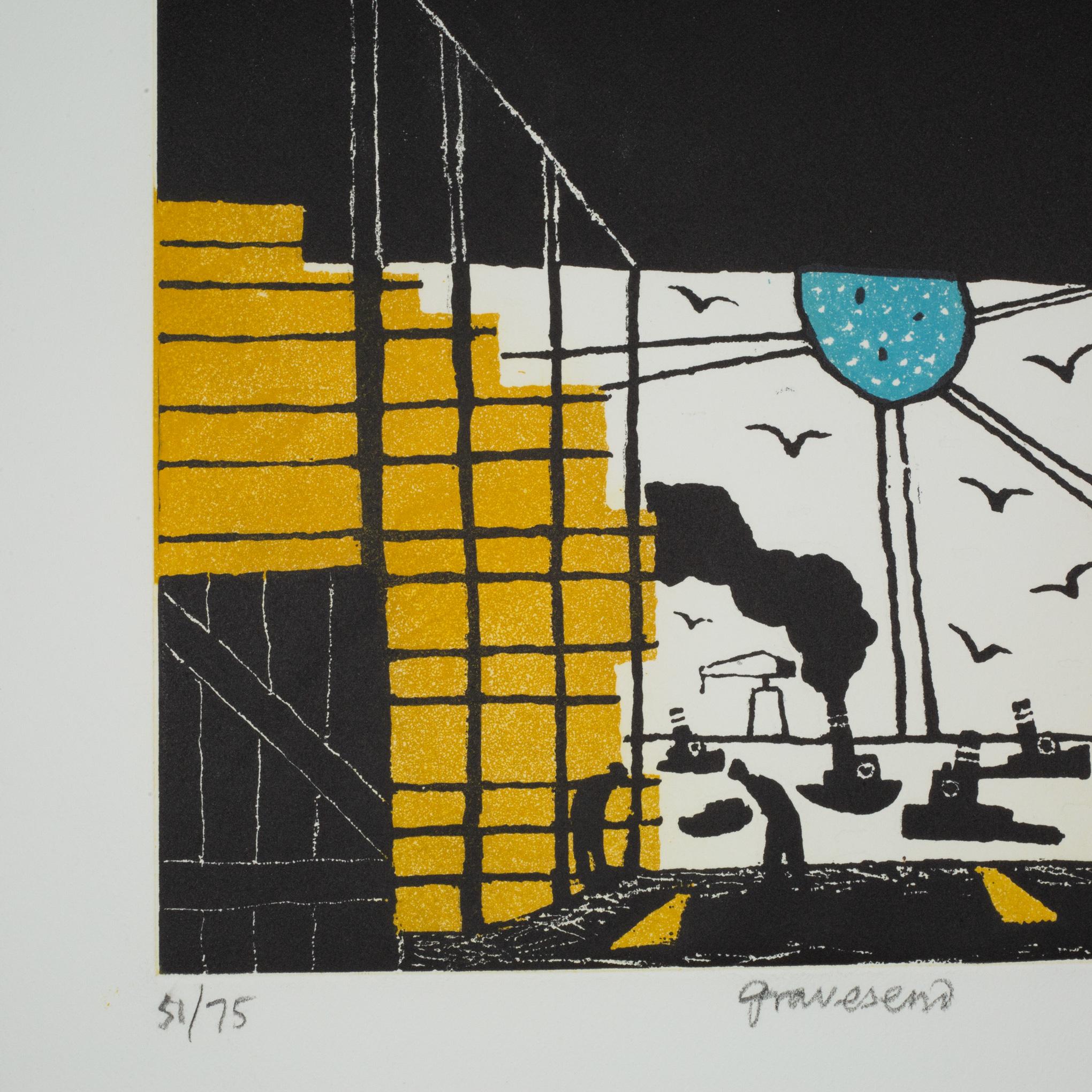 Julian Trevelyan, Gravesend, 51/75, signiert, Radierung, britische Kunst, 1969 (Moderne der Mitte des Jahrhunderts) im Angebot