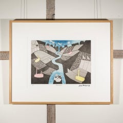 Mudbanks - 20th Century Modernist Black, Grey + Blue Landscape Print with Boats