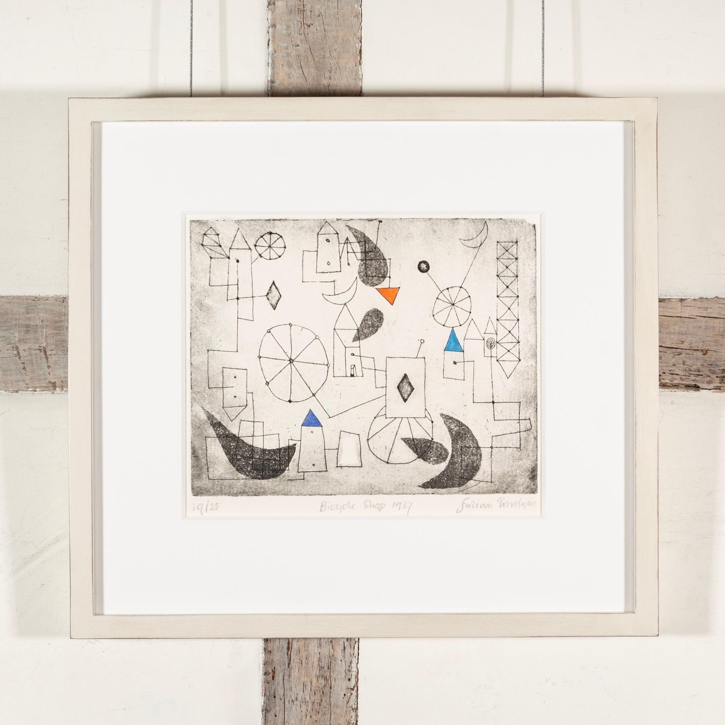 Tienda de bicicletas, aguafuerte abstracto lineal en blanco y negro, 1937 - Print de Julian Trevelyan