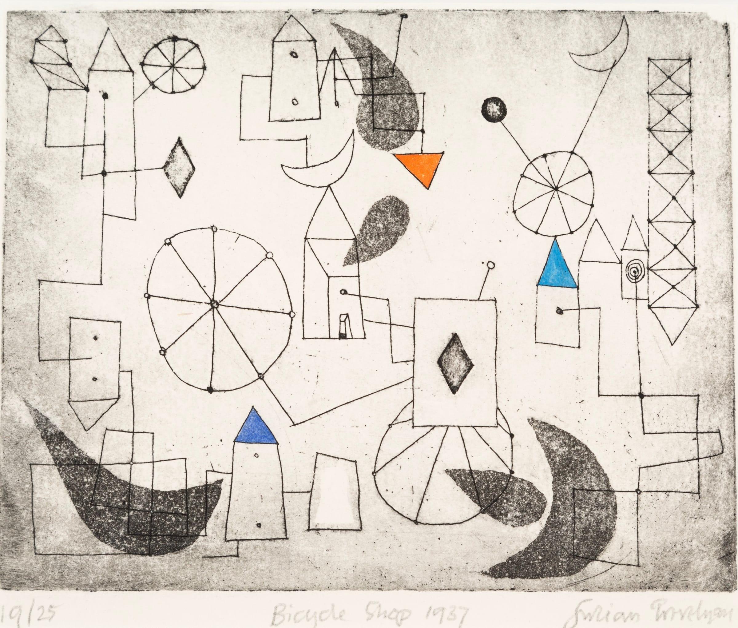 Landscape Print de Julian Trevelyan - Tienda de bicicletas, aguafuerte abstracto lineal en blanco y negro, 1937