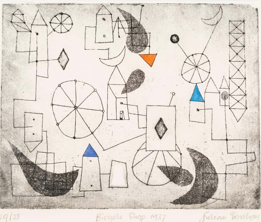 Bicycle Shop, Black and White Linear Abstract Etching, 1937