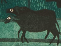 Buffaloes original  1968 limited ed. aquatint etching by Julian Trevelyan