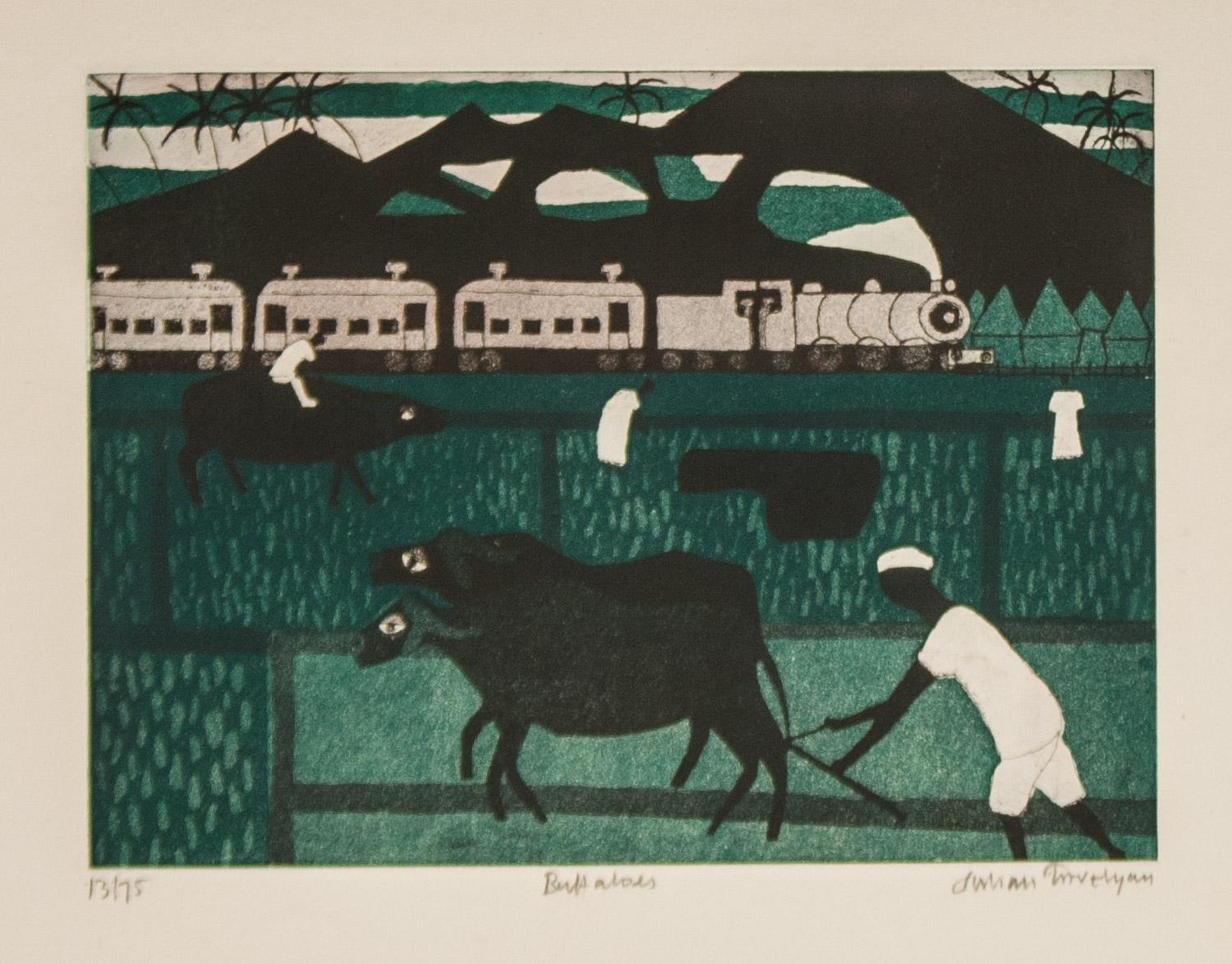        Büffel  ist eine signierte Aquatintaradierung in limitierter Auflage (13/75) des britischen Künstlers und Dichters Julian Trevelyan. Mehrere Büffel und Arbeiter sind in einem  feld mit  berge  und ein Zug im Hintergrund. In gutem Zustand.  