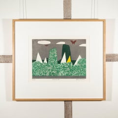 Chiswick Eyot - Stampa del paesaggio londinese modernista del XX secolo in verde e grigio