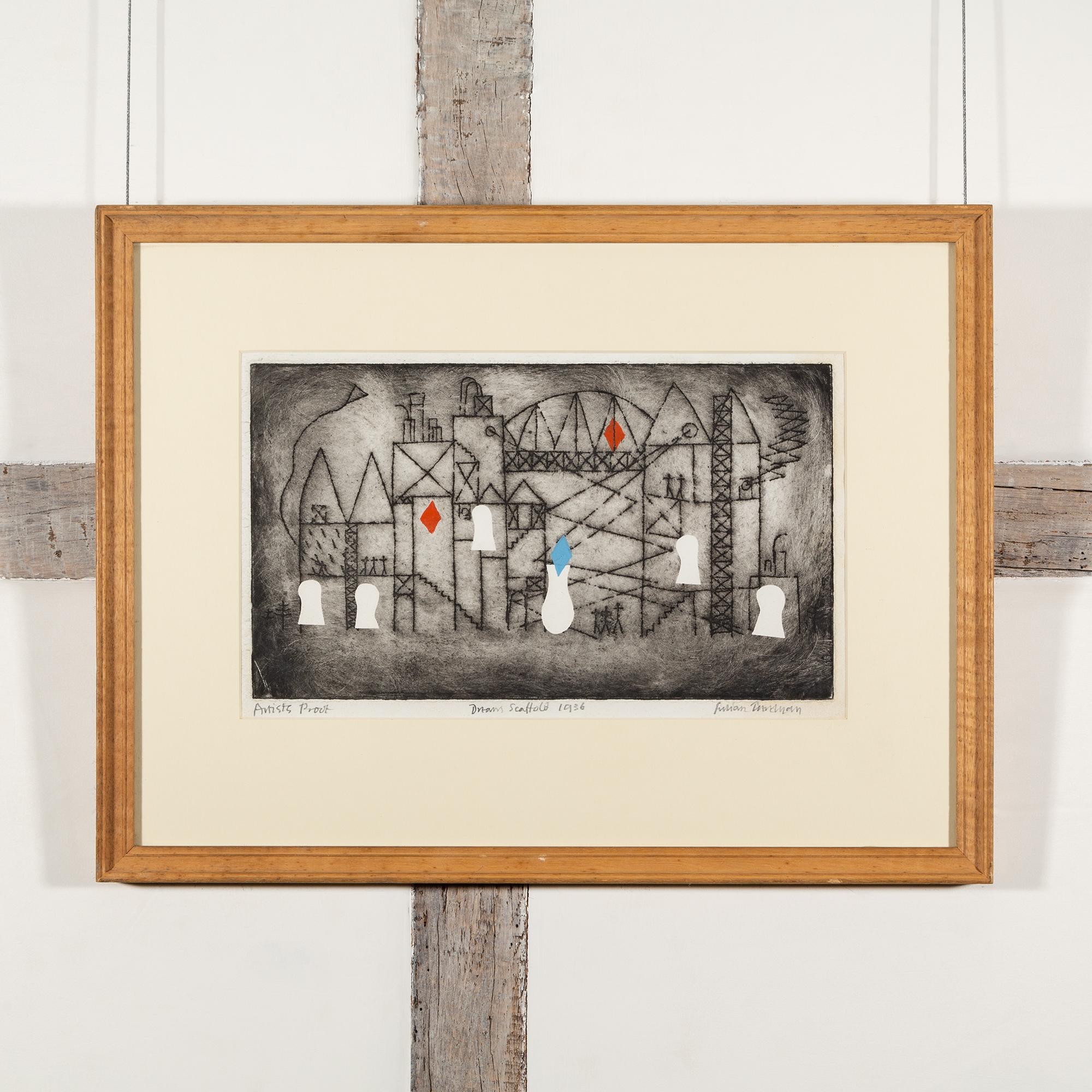 Dream Scaffold - Trevelyan Etching Print with Hand-Colour, Red, White + Black For Sale 1