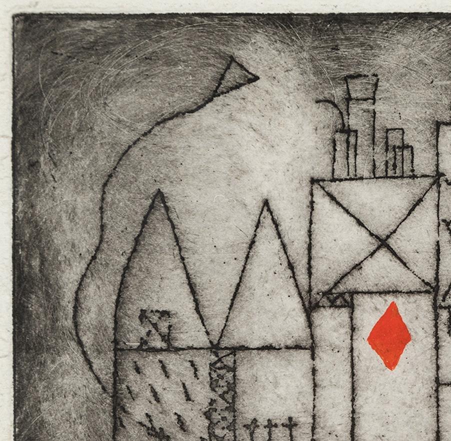 Dream Scaffold - Trevelyan Etching Print with Hand-Colour, Red, White + Black For Sale 2
